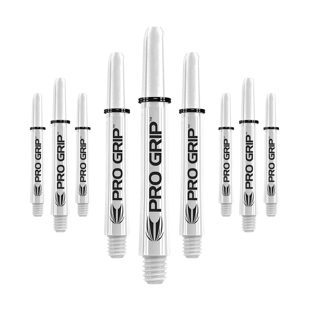 Target Pro Grip Shafts - 3 Sets - White Das Bild zeigt neun weiße Dartschäfte mit der Aufschrift "PRO GRIP". Sie sind in drei Reihen angeordnet, wobei die mittleren Schäfte am größten sind.
