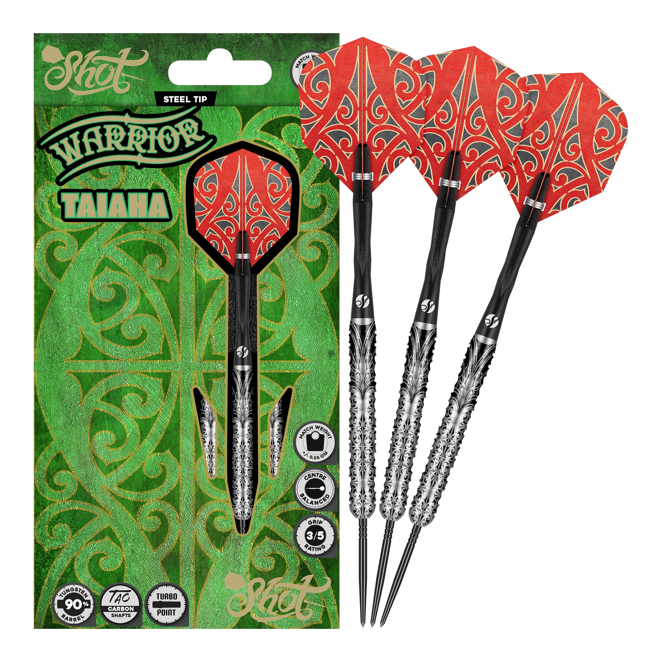 Shot Warrior Taiaha Turbo Point Steeldarts Mehrere Dartpfeile liegen nebeneinander. Die Dartpfeile sind dunkel und werden seitlich gezeigt.