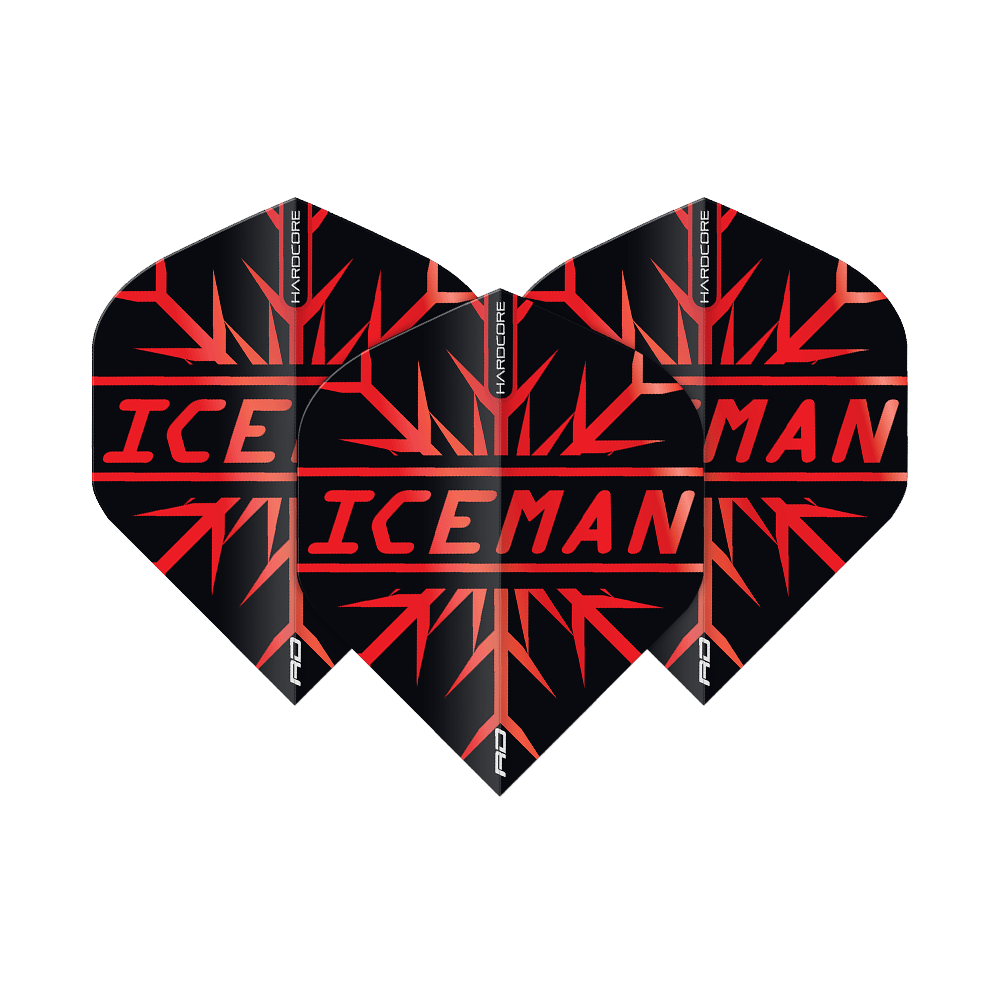 TF6872_Red_Dragon_Hardcore_Gerwyn_Price_Red_Premium_Standard_Flights_1sJxbXKHalcv1a Das Bild zeigt drei Dart-Flights in Schwarz mit roten Mustern und der Aufschrift „ICEMAN“. Oben steht „Hardcore“ und unten rechts ist das "RD"-Logo zu sehen.