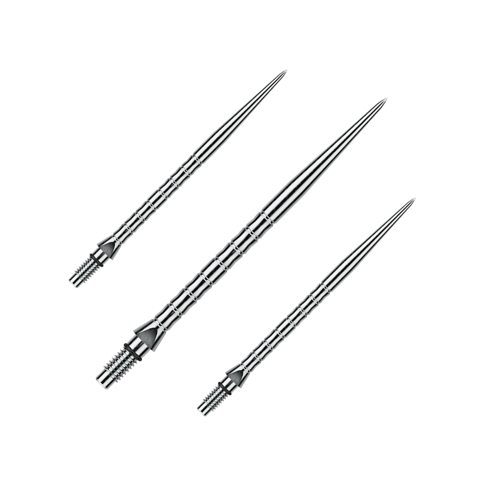Das Bild zeigt Steeldartspitzen mit silbernem Effekt, wahrscheinlich 40 mm lang. Die Dartspitzen sind für das Spiel mit Steeldarts bestimmt.