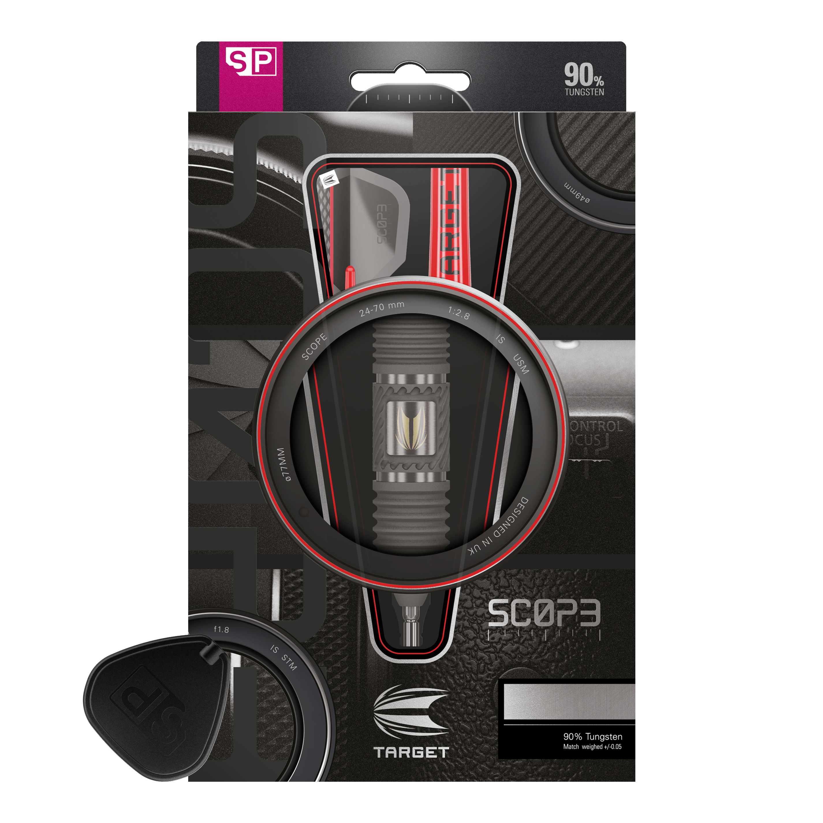 Auf dem Bild ist eine Verpackung für Steeldarts der Marke Target zu sehen. Die Verpackung hebt hervor, dass die Darts aus 90% Tungsten bestehen und das Modell den Namen "Scope" trägt.