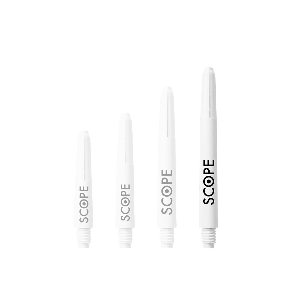 527_McDart_Scope_Nylon_Shafts_Weiss_48mm_1 Das Bild zeigt vier weiße McDart Scope Nylon Shafts in verschiedenen Längen. Auf jedem Schaft steht das Wort "SCOPE" in schwarzer Schrift.