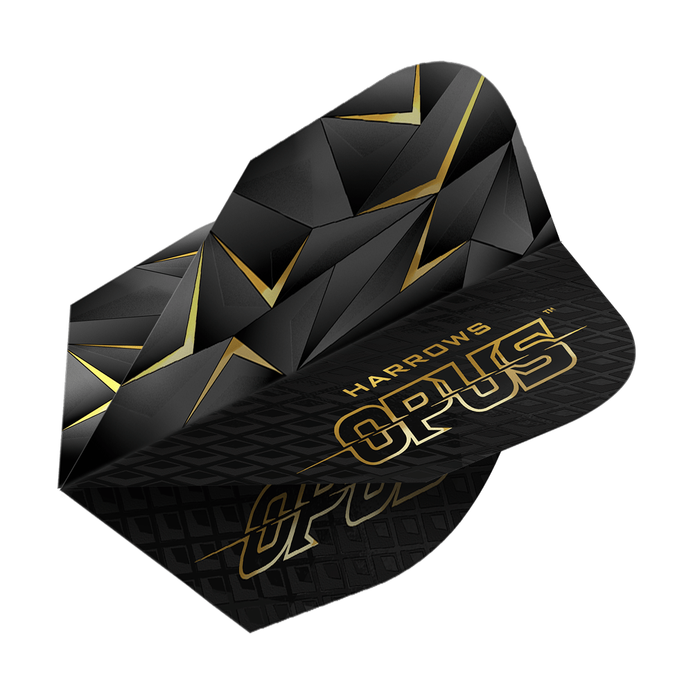 Harrowovy Opus verze 3 lety Das Bild zeigt die Harrows Opus Version 3 Flights. Sie sind schwarz mit einem goldenen geometrischen Muster und goldener Schrift gestaltet.