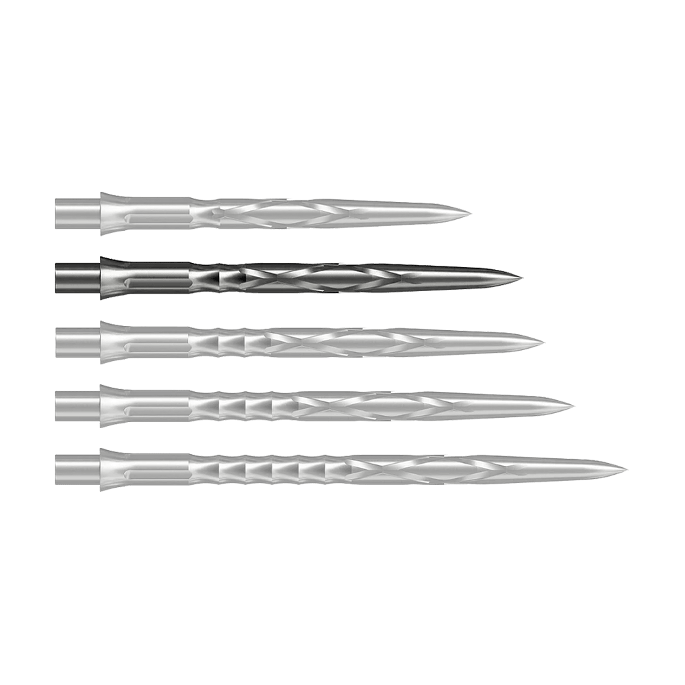 Caliburn System steel dart tips - HAN G2 - Silver Auf dem Bild sind drei silberne Steeldartspitzen nebeneinander zu sehen. Sie haben eine glatte, verdrehte Oberfläche und sind spitz zulaufend.