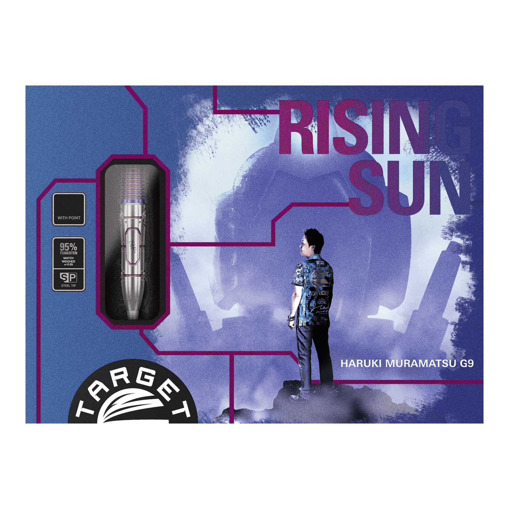 Target Japan Haruki Muramatsu Rising Sun GEN9 Steeldarts - 23g Die Abbildung zeigt die Verpackung der "Target Japan Haruki Muramatsu Rising Sun GEN9 Steeldarts - 23g". Auf der Packung sind ein Dartpfeil, das Logo von Target und ein Mann im Profil sowie der Schriftzug "Rising Sun" zu sehen.