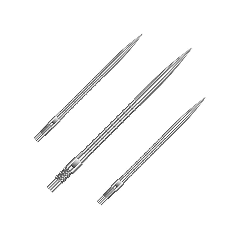 Harrows Quick Point Heavy Metal Dartspitzen - Silber Das Bild zeigt ein Set von silbernen Dartspitzen mit 40 mm Länge. Die Spitzen sind nebeneinander arrangiert.