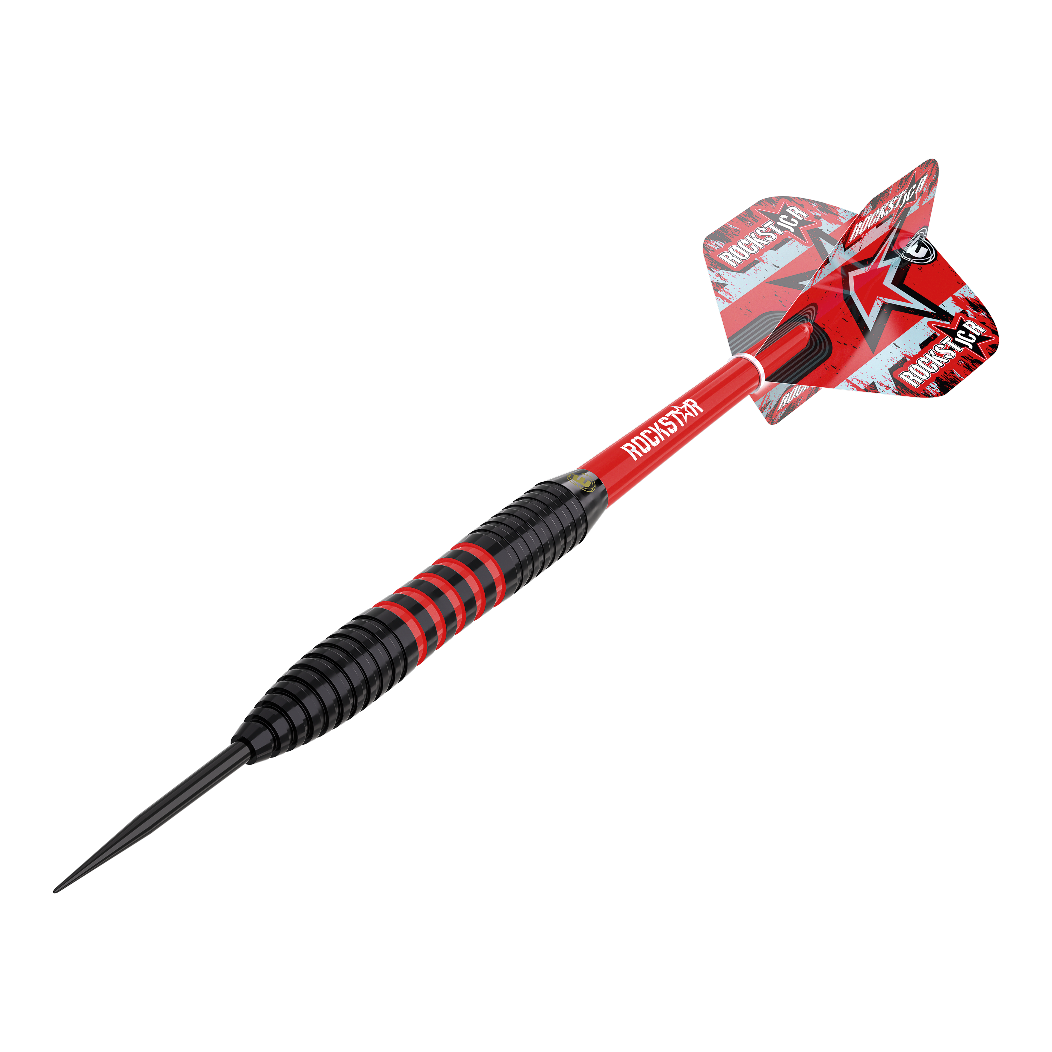 Šipky Winmau Joe Cullen Brass Steeldarts - 20g Das Bild zeigt einen Winmau Joe Cullen Brass Steeldart mit einem Gewicht von 20g. Der Dart ist schwarz und rot, mit einer auffälligen roten Flights und dem Schriftzug "ROCKSTAR".