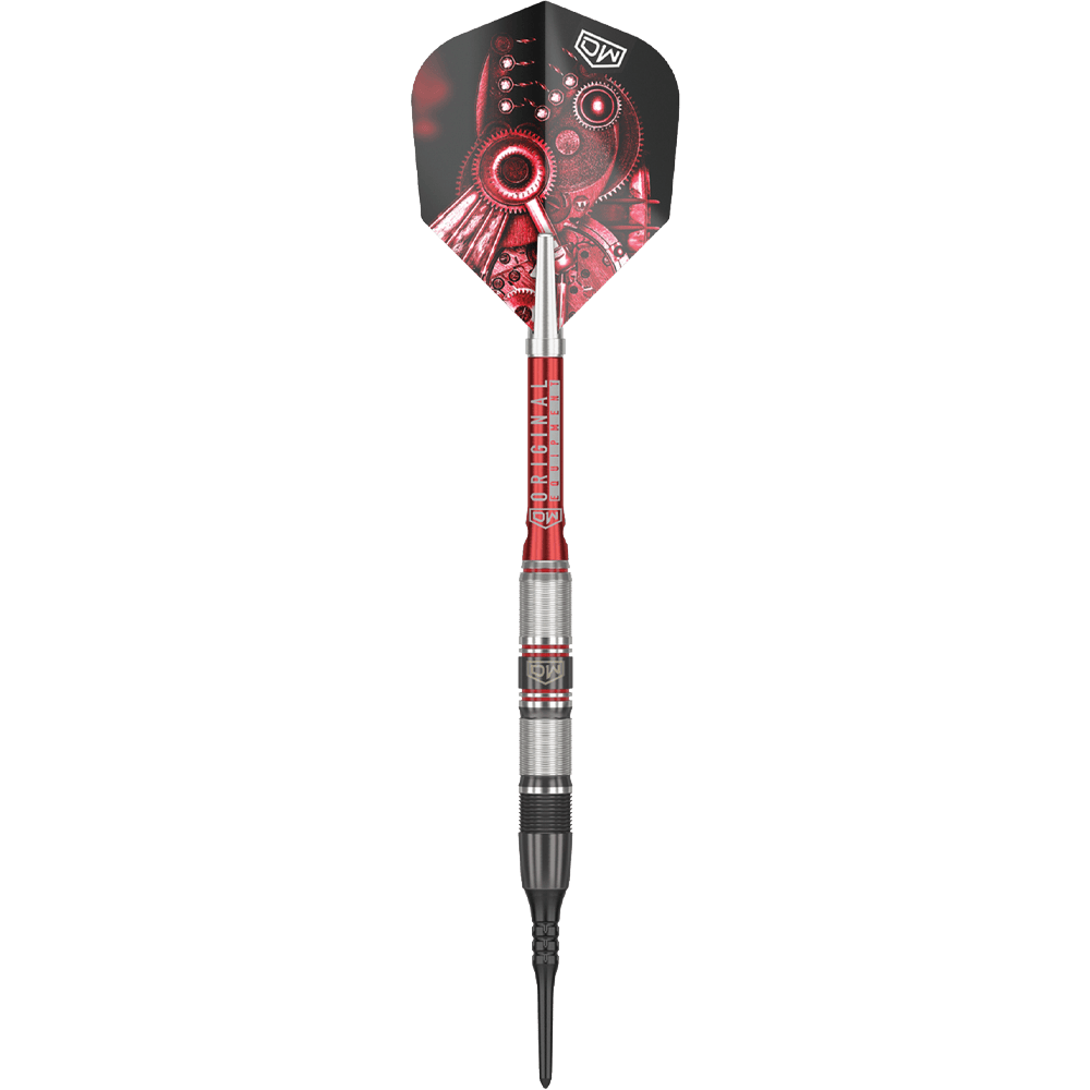 Šipky DW Piranha Razor 02 Softdarts Das Bild zeigt den Softdart "DW Piranha Razor 02". Der Dart hat ein silber-rotes Barrel und auffällige Flights mit einem Zahnrad-Design.