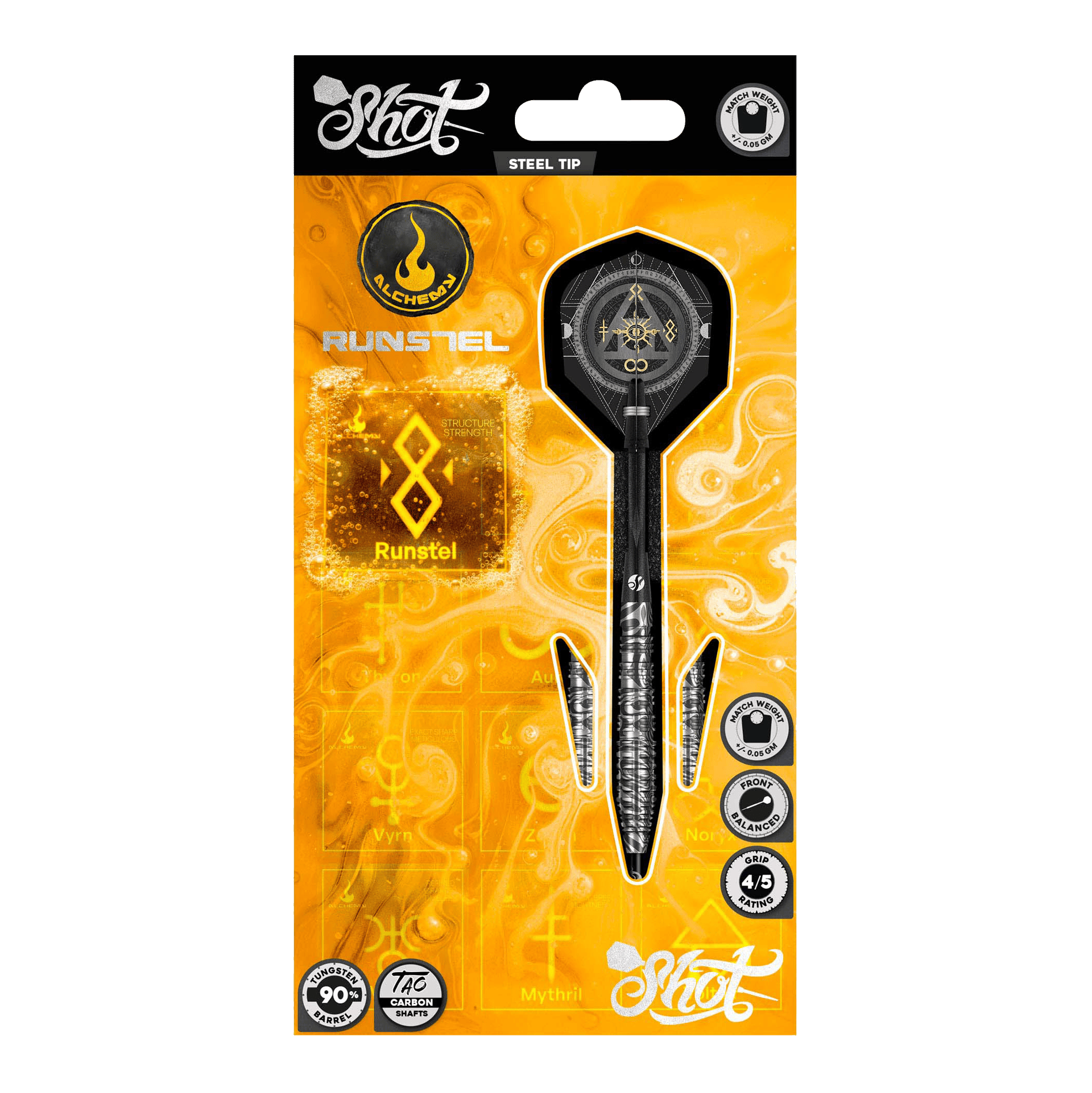 Ocelové šipky Shot Alchemy Runstel Das Bild zeigt die Shot Alchemy Runstel Steeldarts. Dieses Produkt sind hochwertige Steeldarts für Dartspieler.