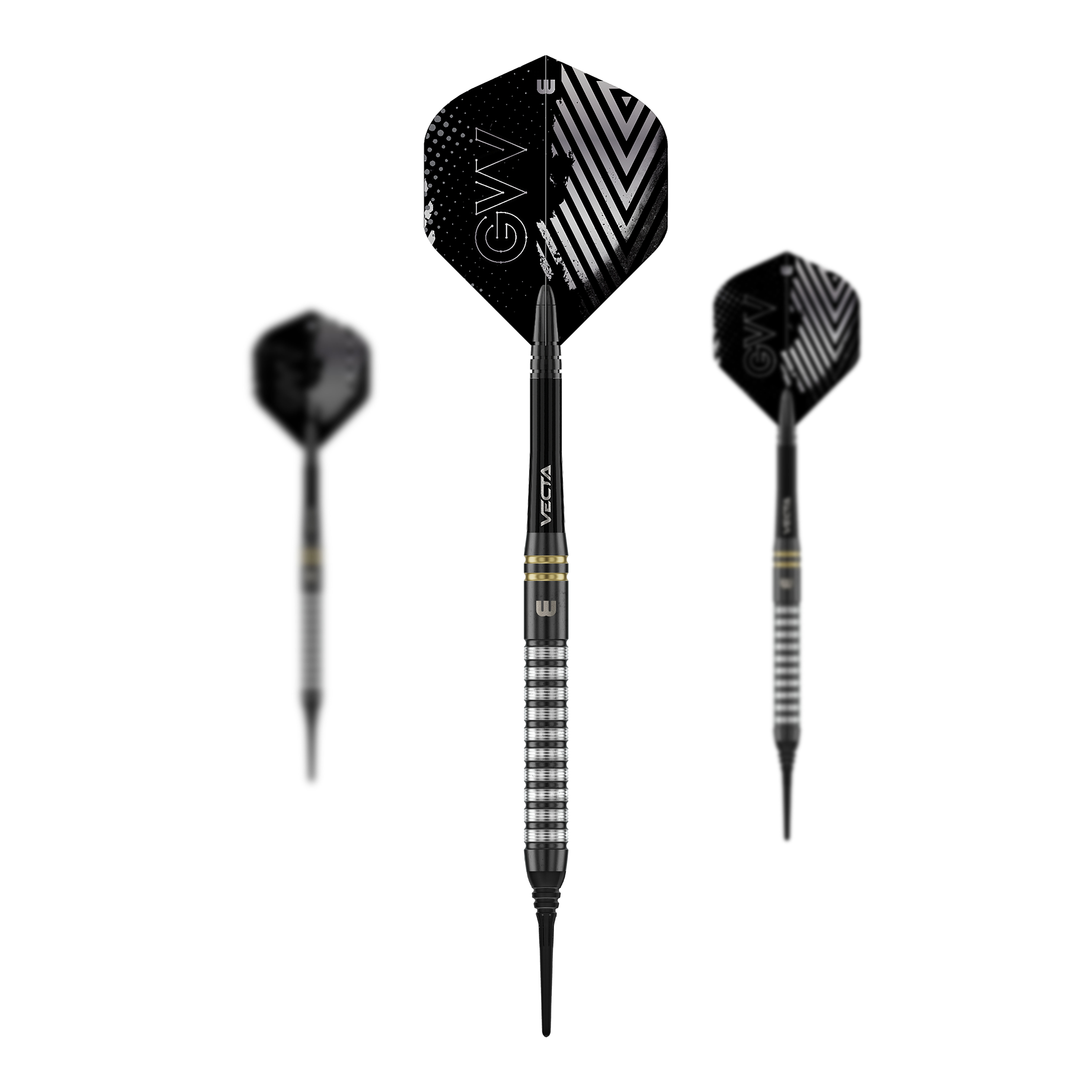 Winmau Gian Van Veen TS Softdarts - 18g Das Foto zeigt ein Set der Winmau Gian Van Veen TS Softdarts 18g. Alle Darts liegen nebeneinander auf einer ebenen Fläche.