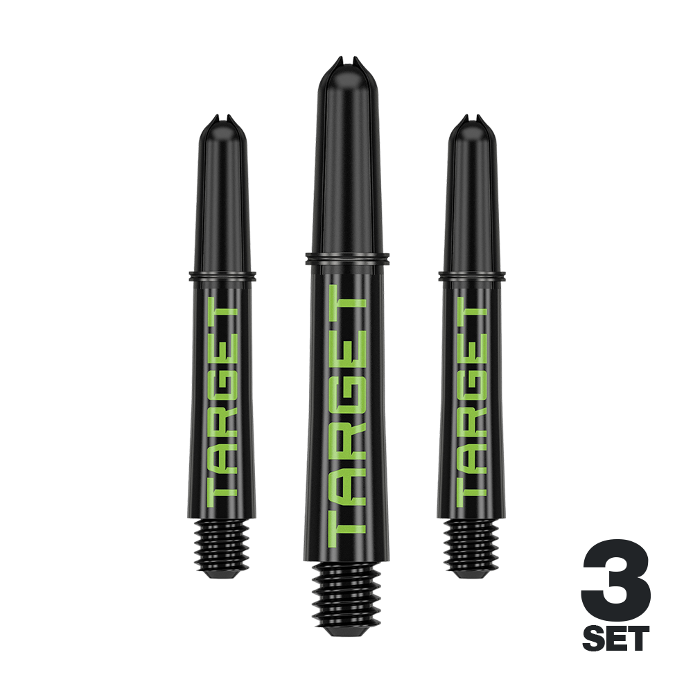 Target Pro Grip TAG Shafts - 3 Sets - Black Green Auf dem Bild sind drei schwarze Dartschäfte mit grünem "TARGET"-Schriftzug zu sehen. Unten rechts steht "3 SET", was darauf hinweist, dass es sich um ein Set aus drei Stück handelt.