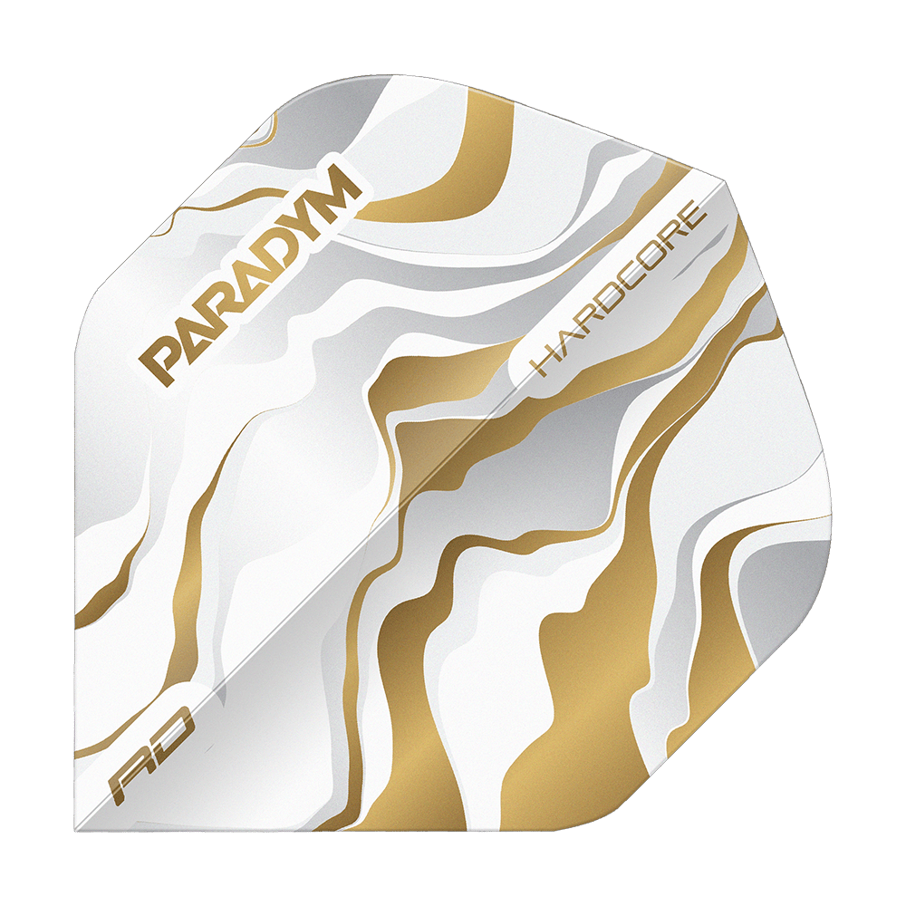 Gezeigt wird Red Dragon Hardcore Premium Paradym Gold Premium No2 Standard Flights. Es sind goldfarbene, hochwertige Dart Flights für genaue Würfe.