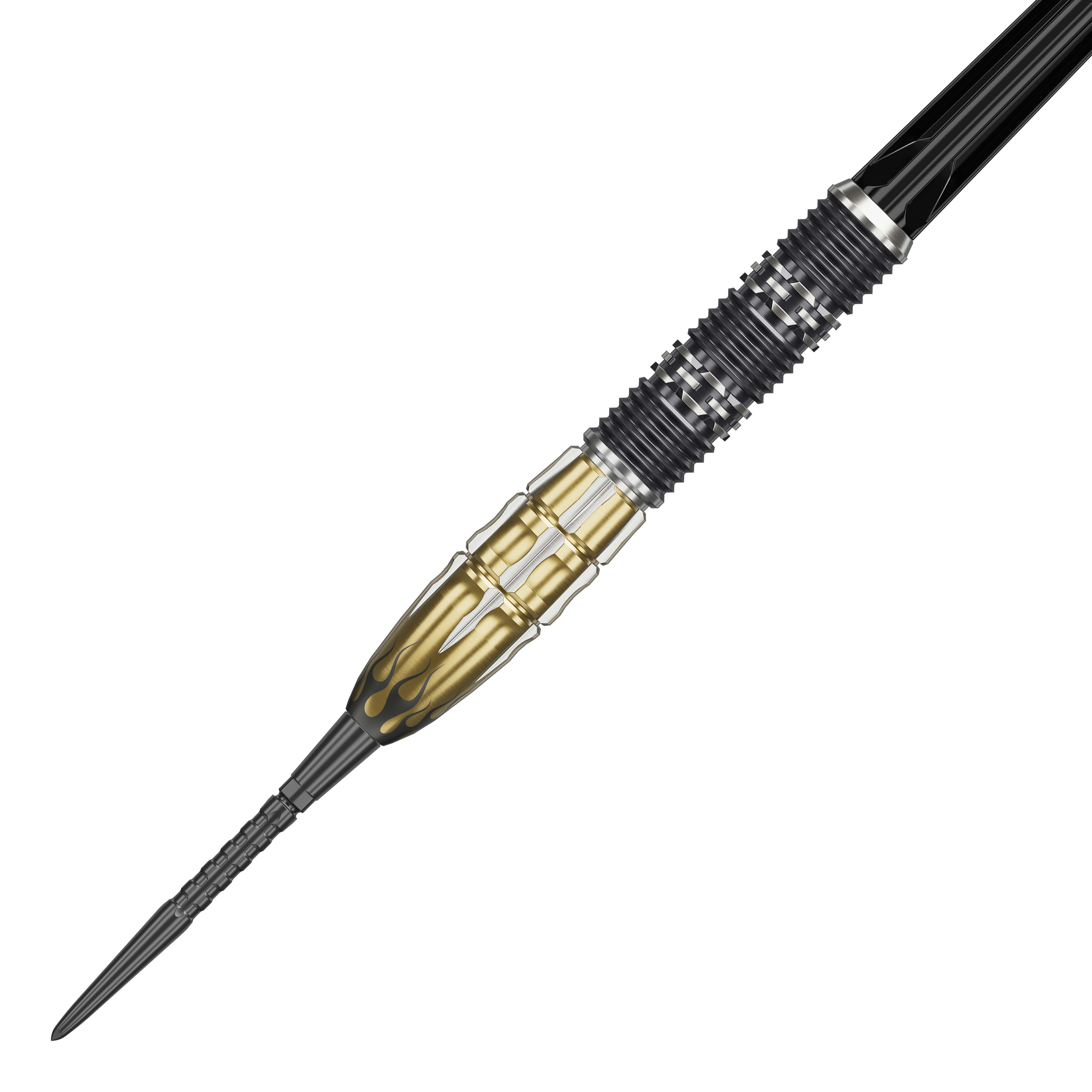 Das Bild zeigt den Target Japan Pyro GEN11 Swiss Point Steeldart mit einem Gewicht von 22g. Der Dart ist schwarz-gold gefärbt und hat ein auffälliges Flammen-Design am vorderen Teil.