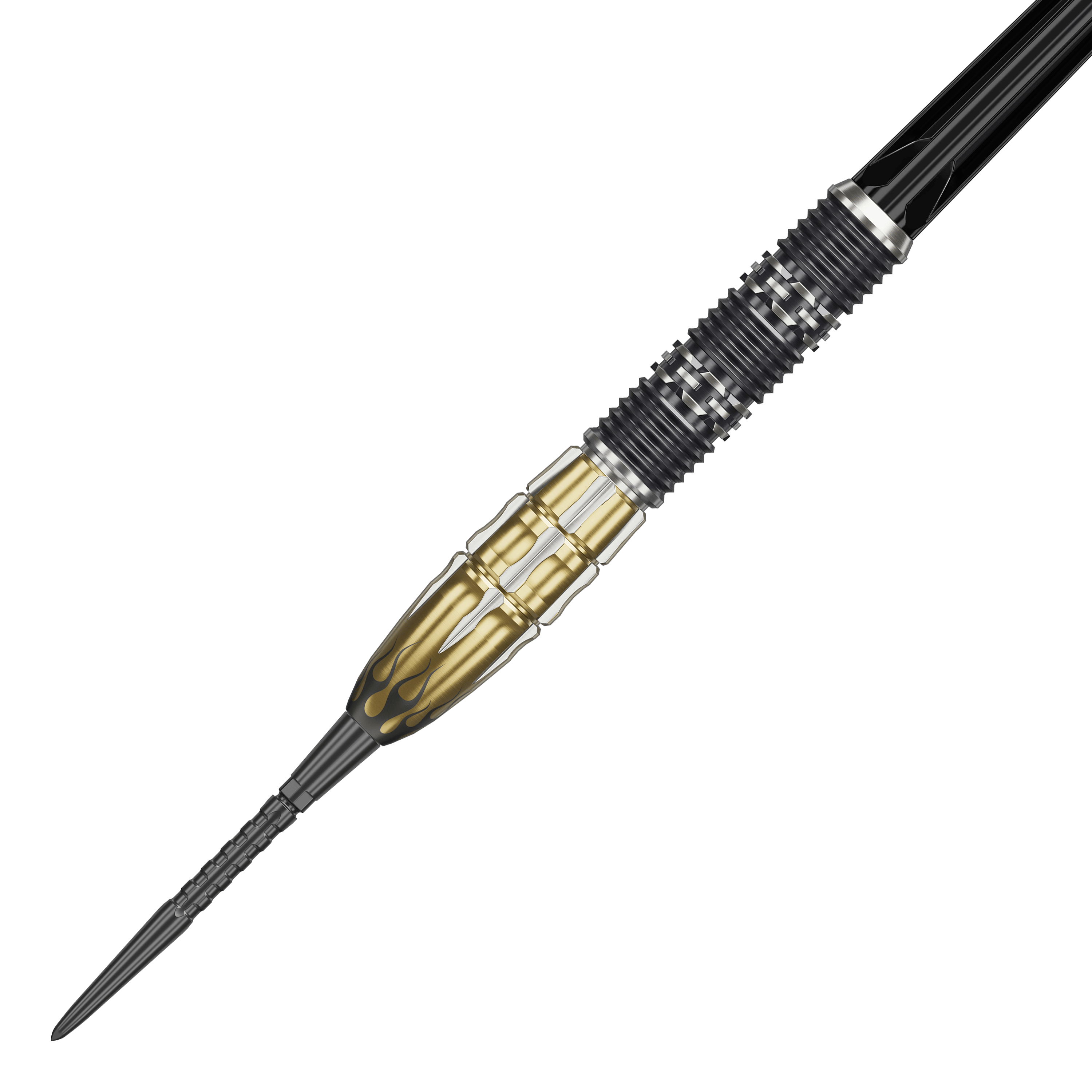 Ocelové šipky Target Japan Pyro GEN11 Swiss Point - 22g Das Bild zeigt den Target Japan Pyro GEN11 Swiss Point Steeldart mit einem Gewicht von 22g. Der Dart ist schwarz-gold gefärbt und hat ein auffälliges Flammen-Design am vorderen Teil.