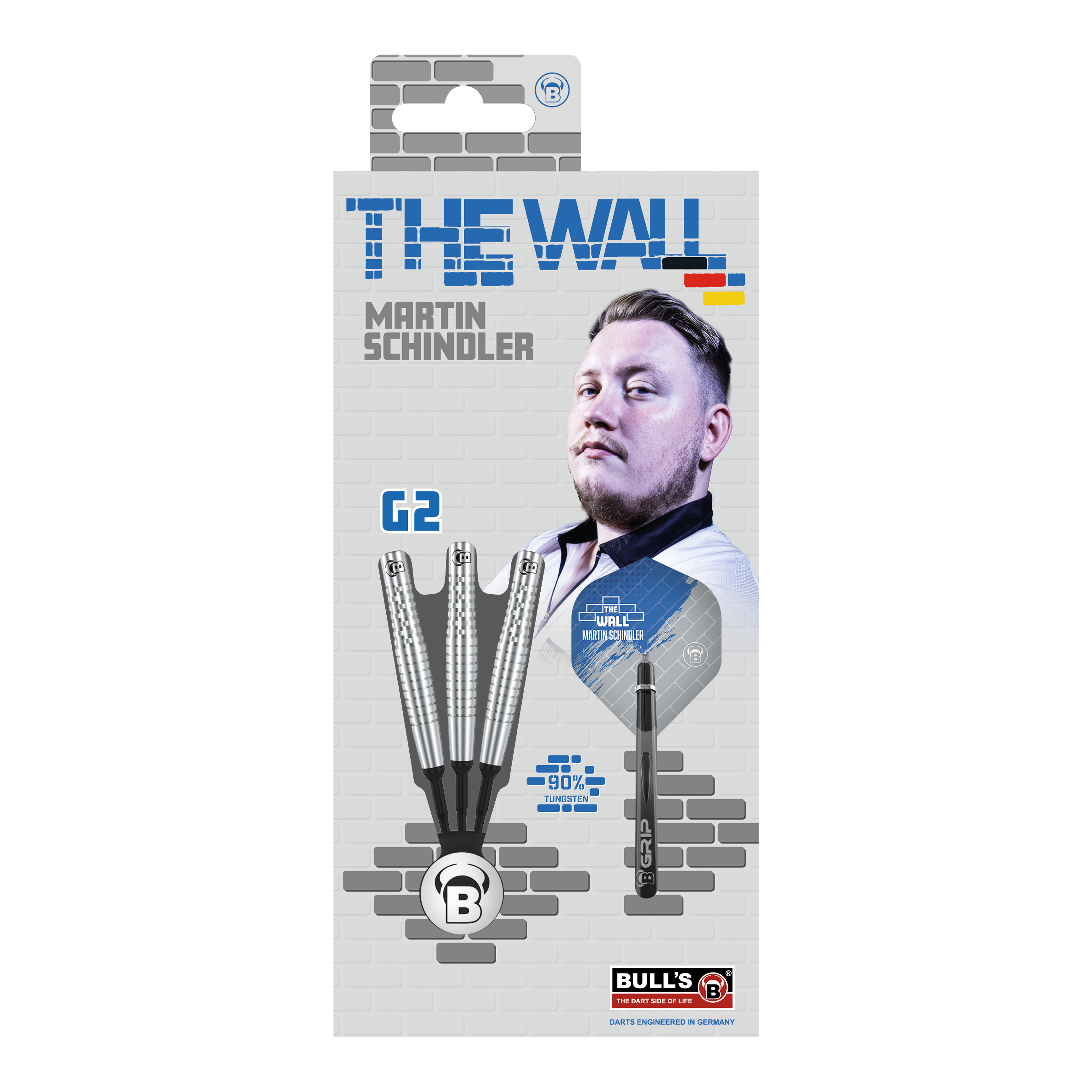 Bulls Martin Schindler Original Generation 2 freccette morbide Die Verpackung zeigt die "Bulls Martin Schindler Original Generation 2 Softdarts". Auf der Vorderseite ist ein Bild von Martin Schindler und die Darts selbst abgebildet.