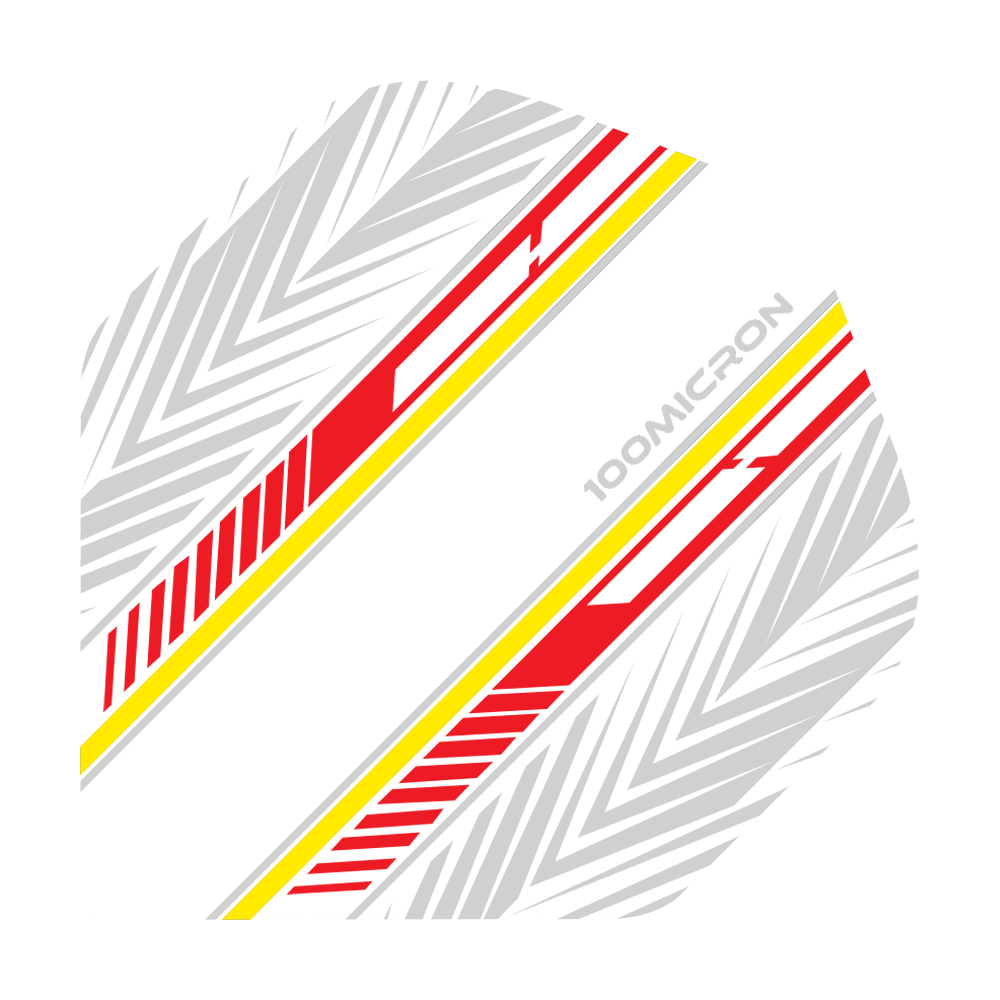 Pentathlon Flights white/red/yellow Das Bild zeigt ein Dartflight in Weiß mit roten und gelben Streifen sowie grauen Mustern. Auf dem Flight steht der Text "100 MICRON".