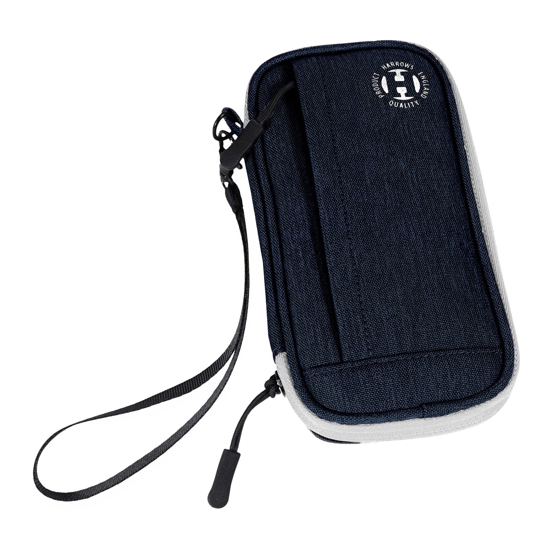 Harrows Smart Case Dartwallet Dies ist ein blaues Dart-Etui mit einer Handschlaufe. Auf der Vorderseite befindet sich ein rundes Harrows-Logo.