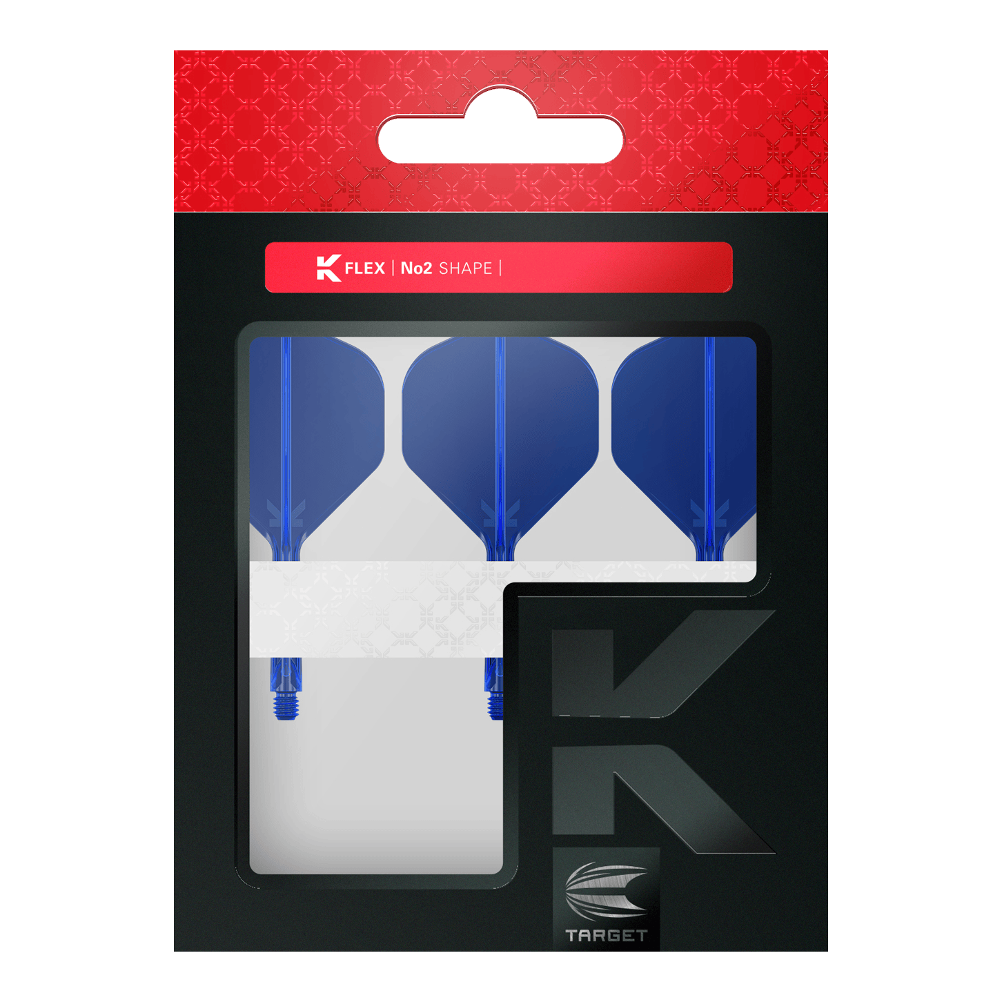 Target K-Flex No2 Standard Flight System - Blu Die Verpackung enthält drei blaue Dart-Flights im No2-Standard-Format von der Marke Target. Im oberen Bereich steht "K Flex | No2 Shape" auf einem roten Streifen.