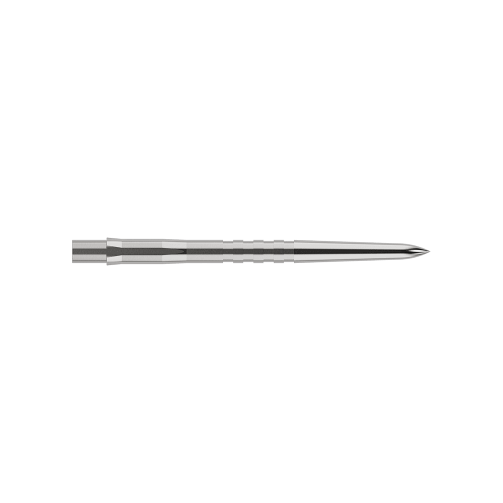 Mission Caliburn EVO Dart Tips - Grooved - Silver Auf dem Bild ist eine silberne, gerillte Steeldartspitze zu sehen. Sie ist schmal, lang und misst 32 mm in der Länge.