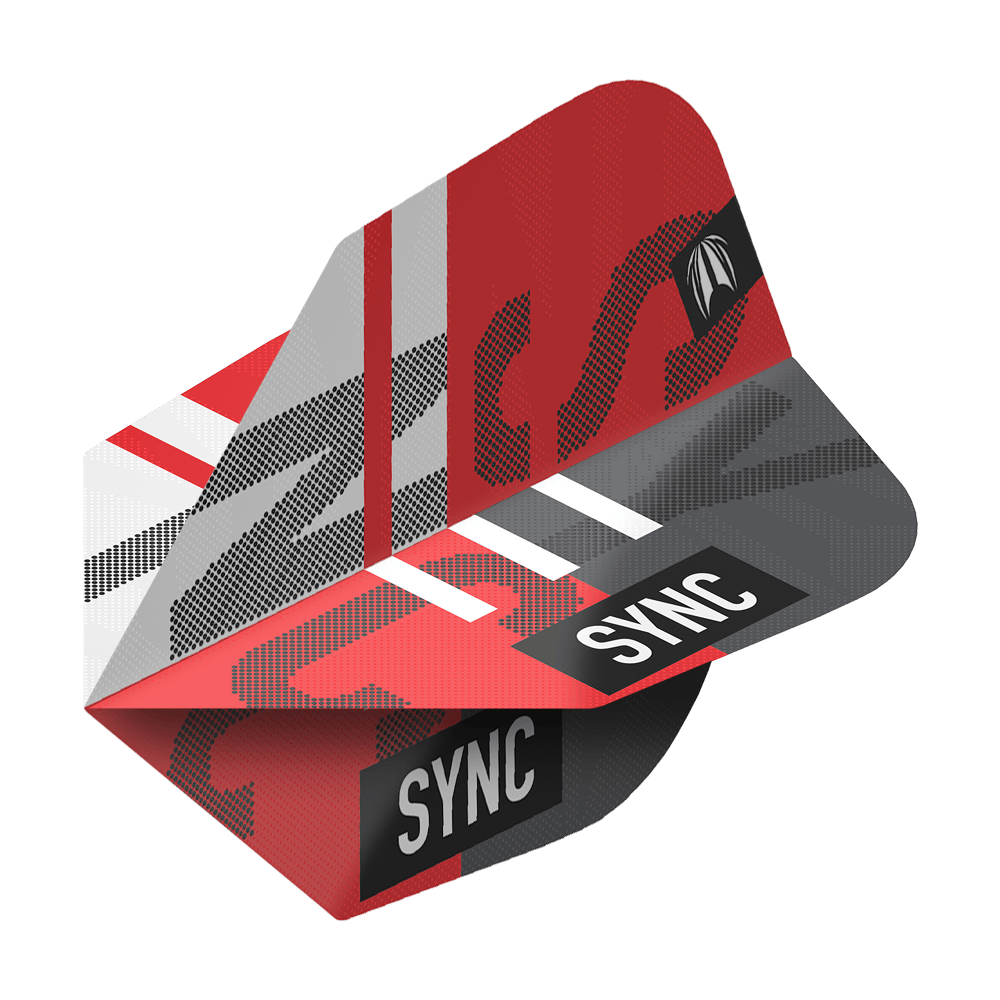 TG98_336480_Target_ProUltra_Sync_No6_Flights_2ZrY5HzSm9Roie Das Bild zeigt das Produkt „Target ProUltra Sync No6 Flights“. Die Flights sind überwiegend rot, grau und schwarz gestaltet und tragen den Schriftzug „SYNC“.
