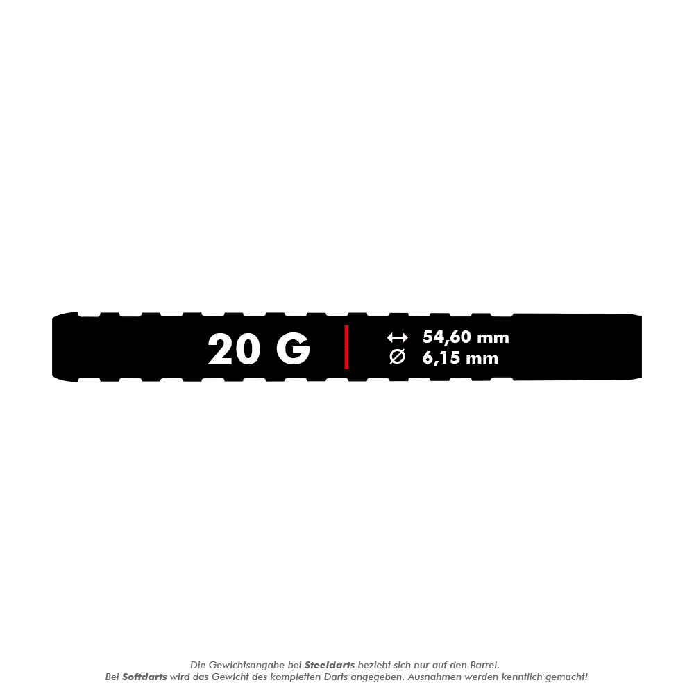 RD2517_Red_Dragon_Javelin_Spectron_Softdarts_5_20g Das Bild zeigt die Maße und das Gewicht des Produkts "Red Dragon Javelin Spectron Softdarts - 20g". Der Dart wiegt 20 Gramm, ist 54,60 mm lang und hat einen Durchmesser von 6,15 mm.
