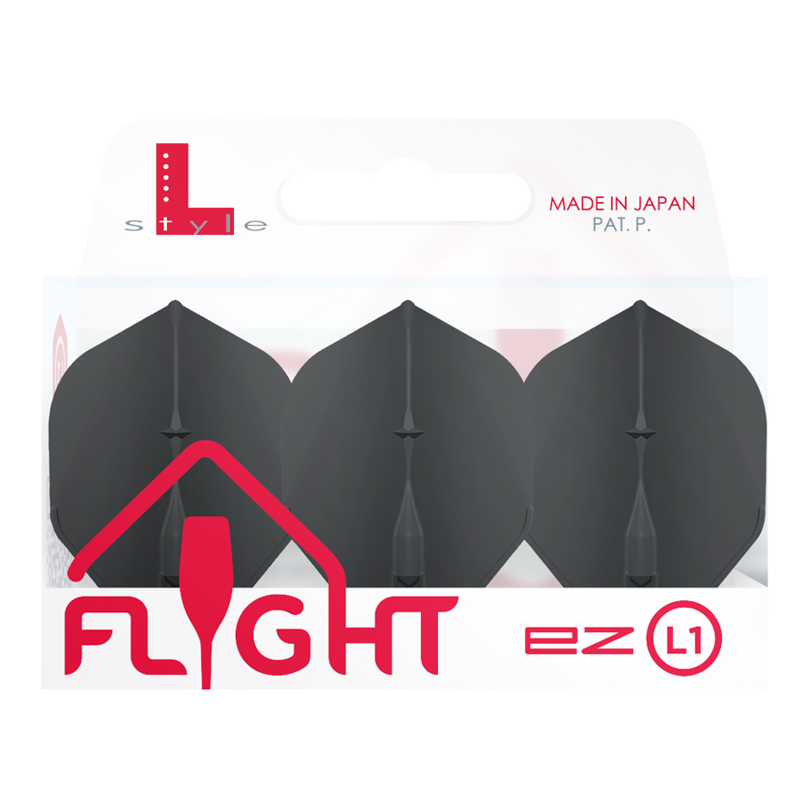 L-Style Champagne L1EZ Standard Flights Die Abbildung zeigt eine Packung mit L-Style Champagne L1EZ Standard Flights. In der Verpackung befinden sich drei schwarze Dartflights.
