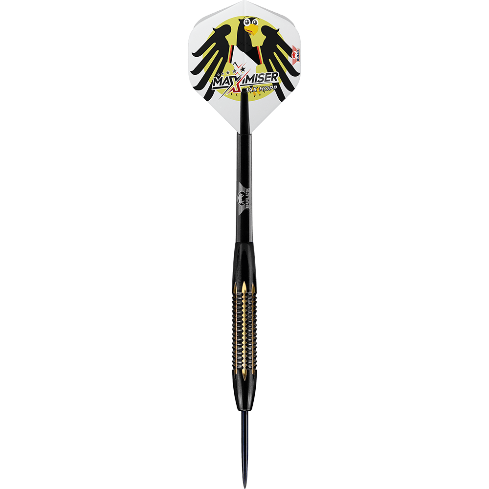 BU24921_BullsNL_Max_Hopp_Maximiser_Shell_Coated_Brass_Steeldarts_1HYbKaey2VuDR7 Dies ist ein BullsNL Max Hopp Maximiser Shell Coated Brass Steeldart mit einem Gewicht von 21g. Der Dart hat ein auffälliges Design mit einem Adler und dem Schriftzug "MAXIMISER" auf dem Flight.