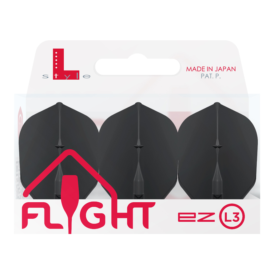 L-Style L3EZ Flights Auf dem Bild ist eine Packung mit drei schwarzen Dartflights der Marke L-Style zu sehen. Die Verpackung trägt die Aufschrift „MADE IN JAPAN“ und „FLIGHT ez L3“.