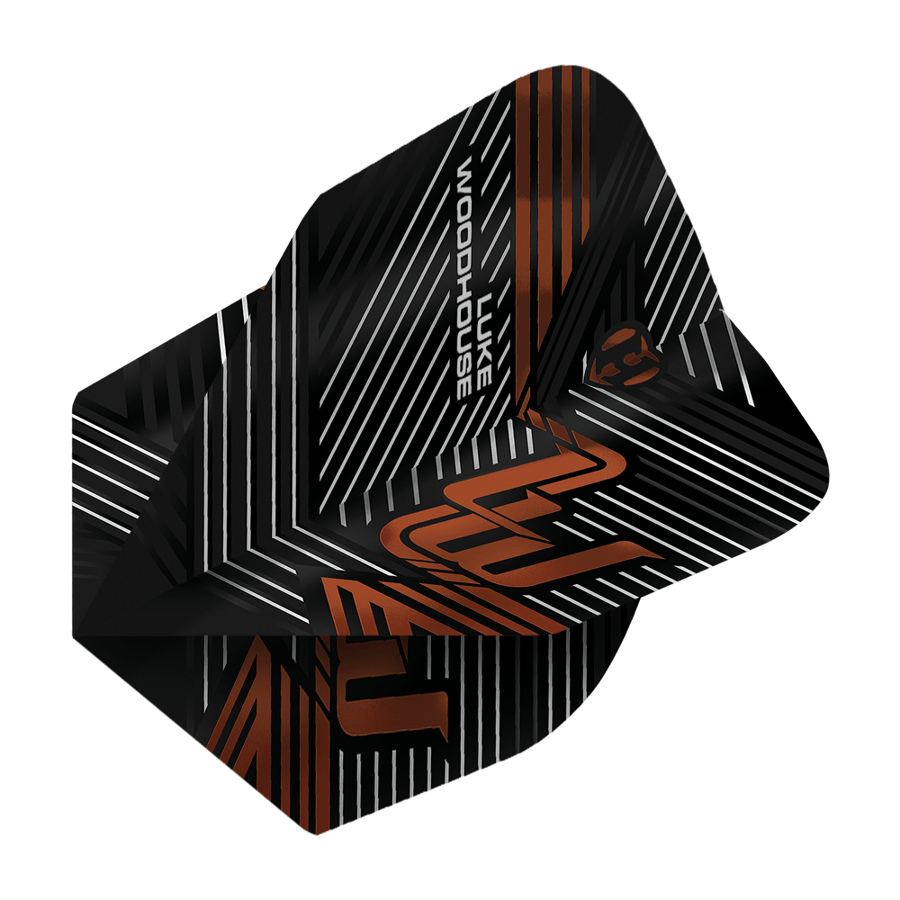 Harrowovy lety Luka Woodhousea, série 2 Das Bild zeigt die Harrows Luke Woodhouse Series 2 Flights. Die Flights sind schwarz mit weißen und orangefarbenen Linien sowie dem Namen "Luke Woodhouse" darauf.