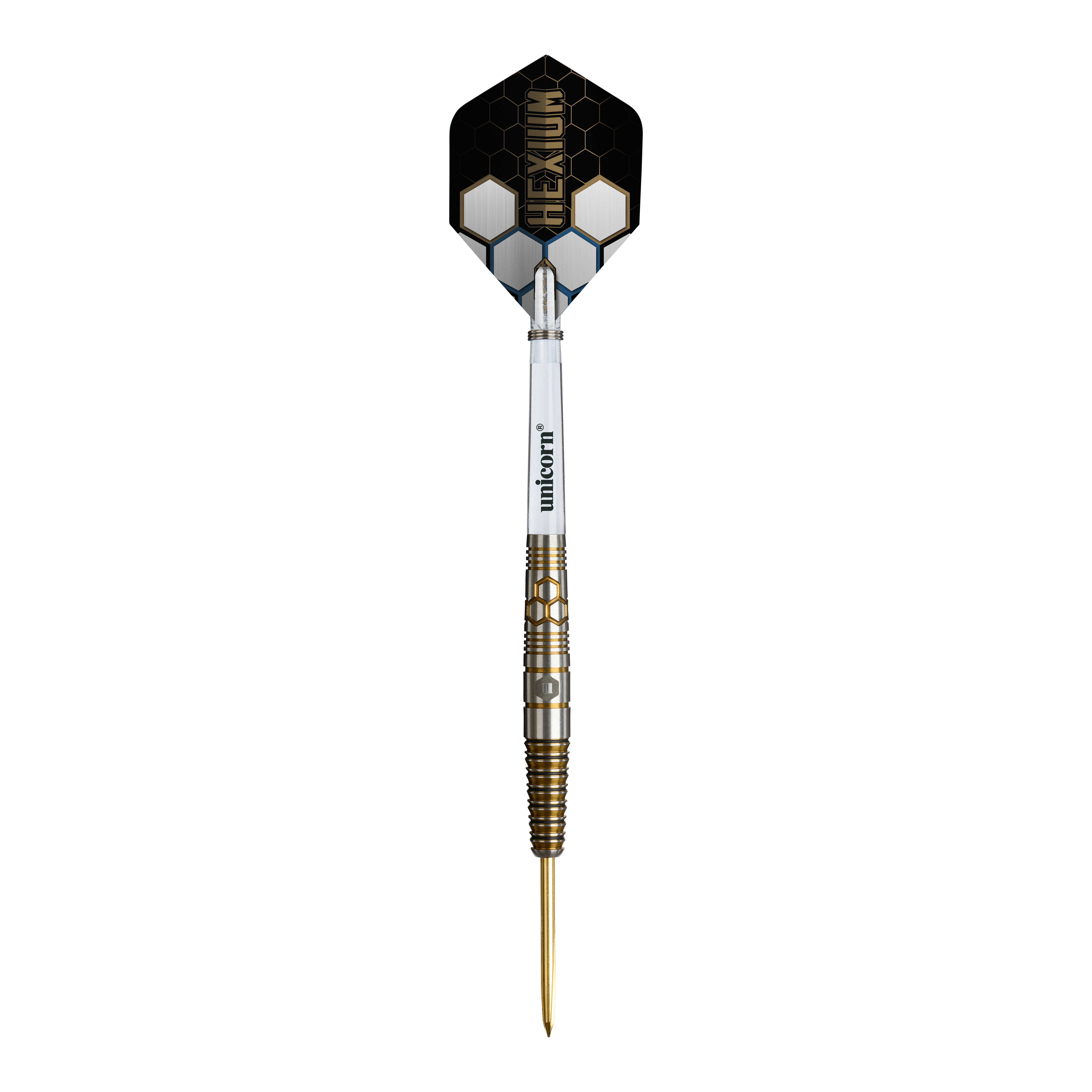 Unicorn Hexium Style 03 Gold & Black Steeldarts Unicorn Hexium Style 03 Gold & Black Steeldarts werden in dieser Abbildung dargestellt. Die besondere Gold-Schwarz-Optik hebt die Darts hervor.