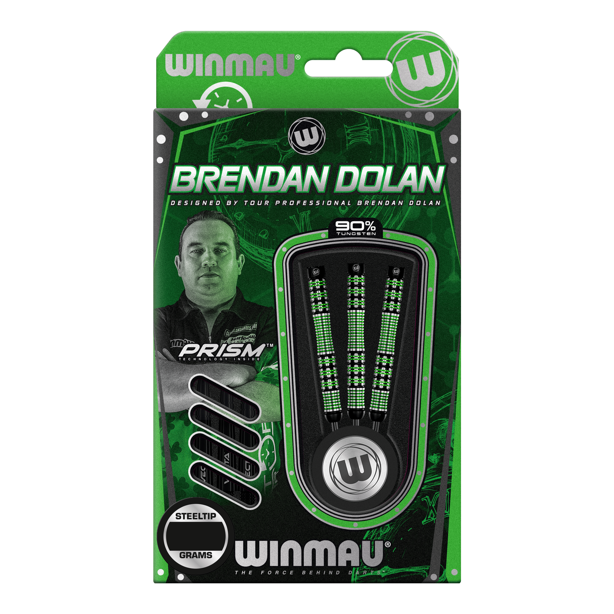 Dardos de acero Winmau Brendan Dolan Die Abbildung zeigt eine Verpackung der Winmau Brendan Dolan Steeldarts. In der Packung sind drei Darts mit schwarzem und grünem Design zu sehen.