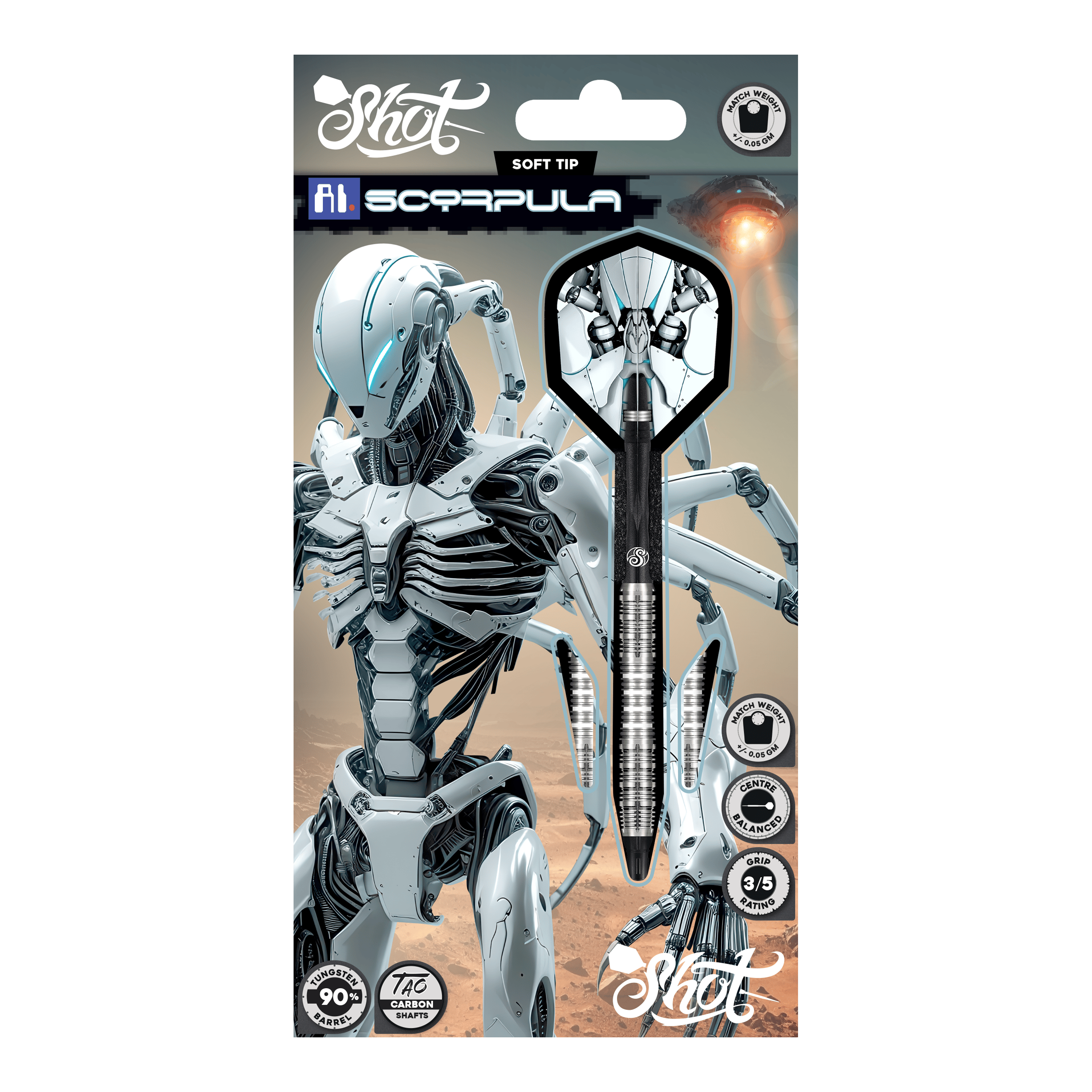 Shoty AI Scorpula Soft Darts - 20g Das Bild zeigt die Shot AI Scorpula Softdarts mit einem Gewicht von 20g. Die Darts sind detailliert und für das Softdart-Spiel konzipiert.