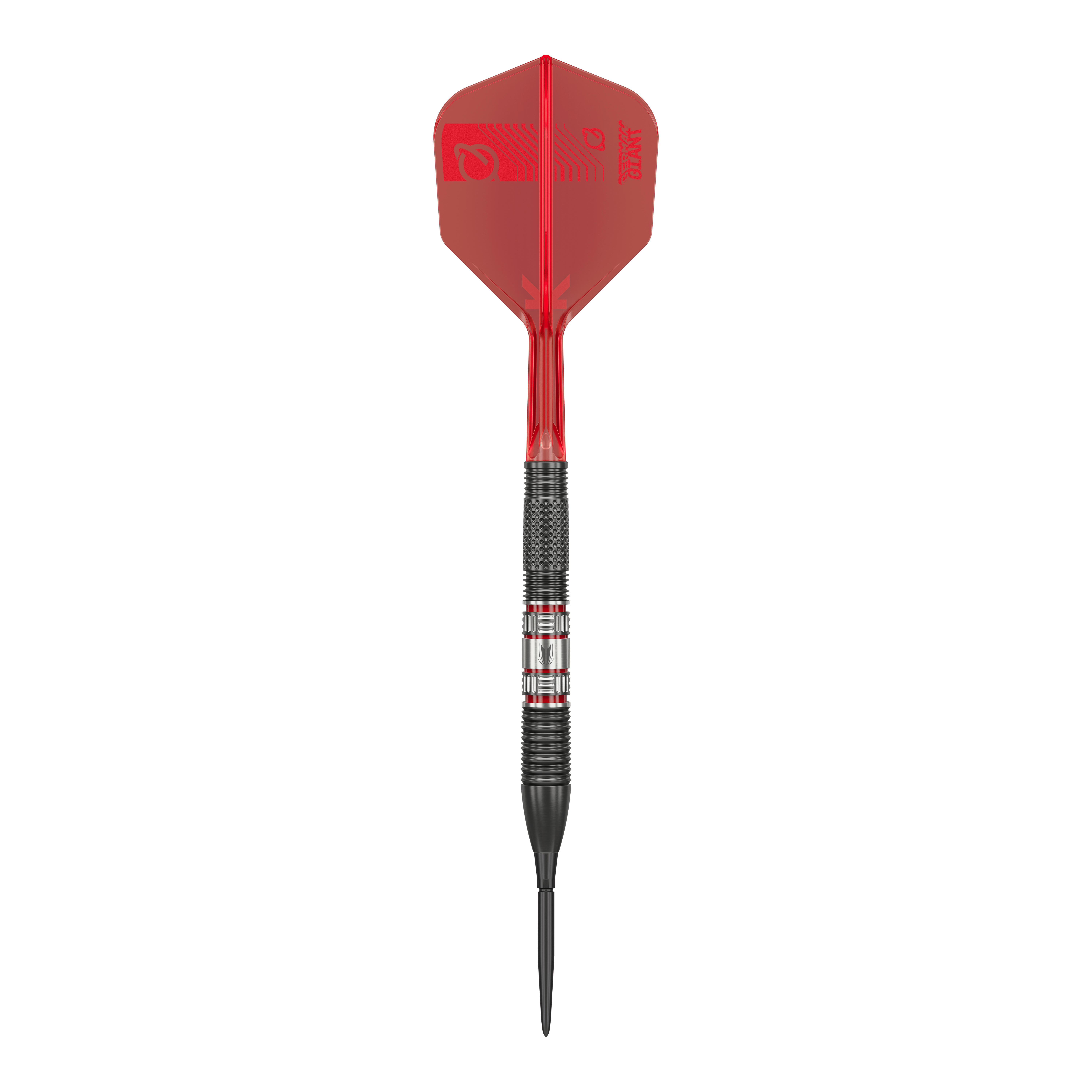 Šipky Target Gabriel Clemens 95K Swiss Point Steel Das Bild zeigt einen Target Gabriel Clemens 95K Swiss Point Steeldart. Der Dart hat eine schwarze Spitze, einen schwarz-silbernen Schaft und auffällige rote Flights.