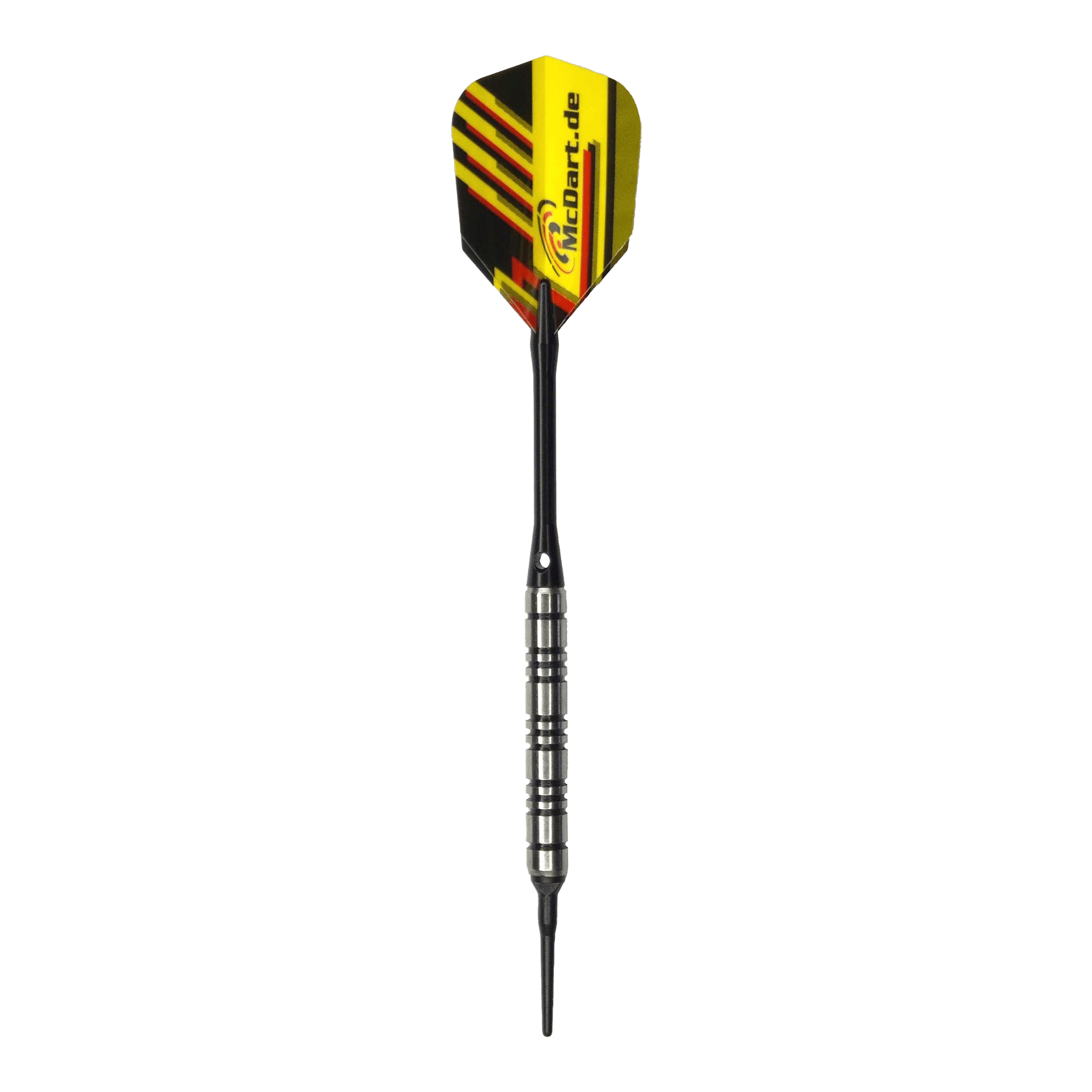McDart 85er Tungsten V2 Softdarts - 17g Das Bild zeigt einen McDart 85er Tungsten V2 Softdart mit einem Gewicht von 17 Gramm. Er hat einen silbernen Barrel und ein gelb-schwarzes Flight mit McDart.de-Aufdruck.