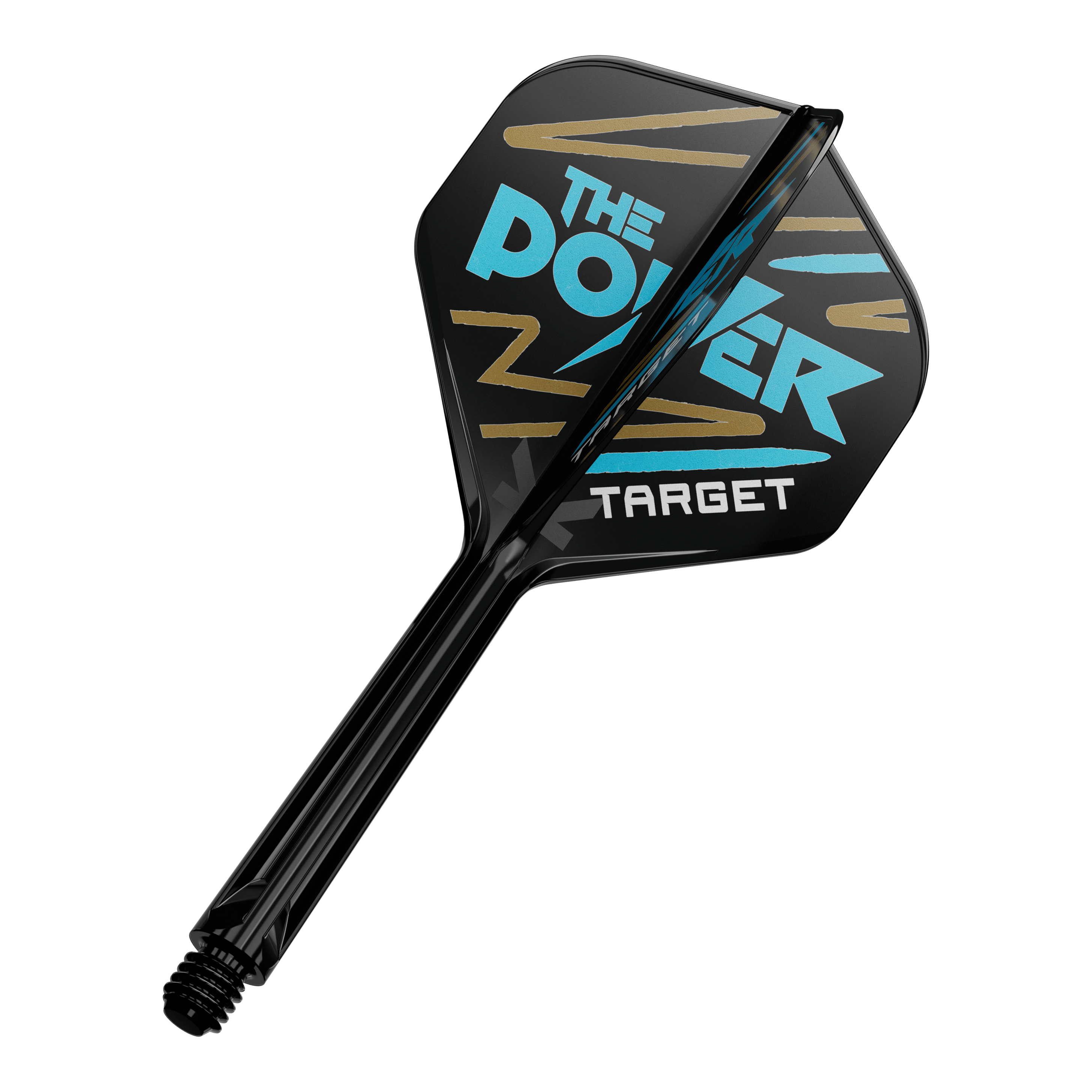 Système de flèche standard Target K-Flex Phil Taylor n° 2 Auf dem Bild ist ein Dartpfeil mit schwarzer Flight zu sehen. Auf der Flight steht in blauer und weißer Schrift "The Power" und "Target" mit goldenen Zierstreifen.