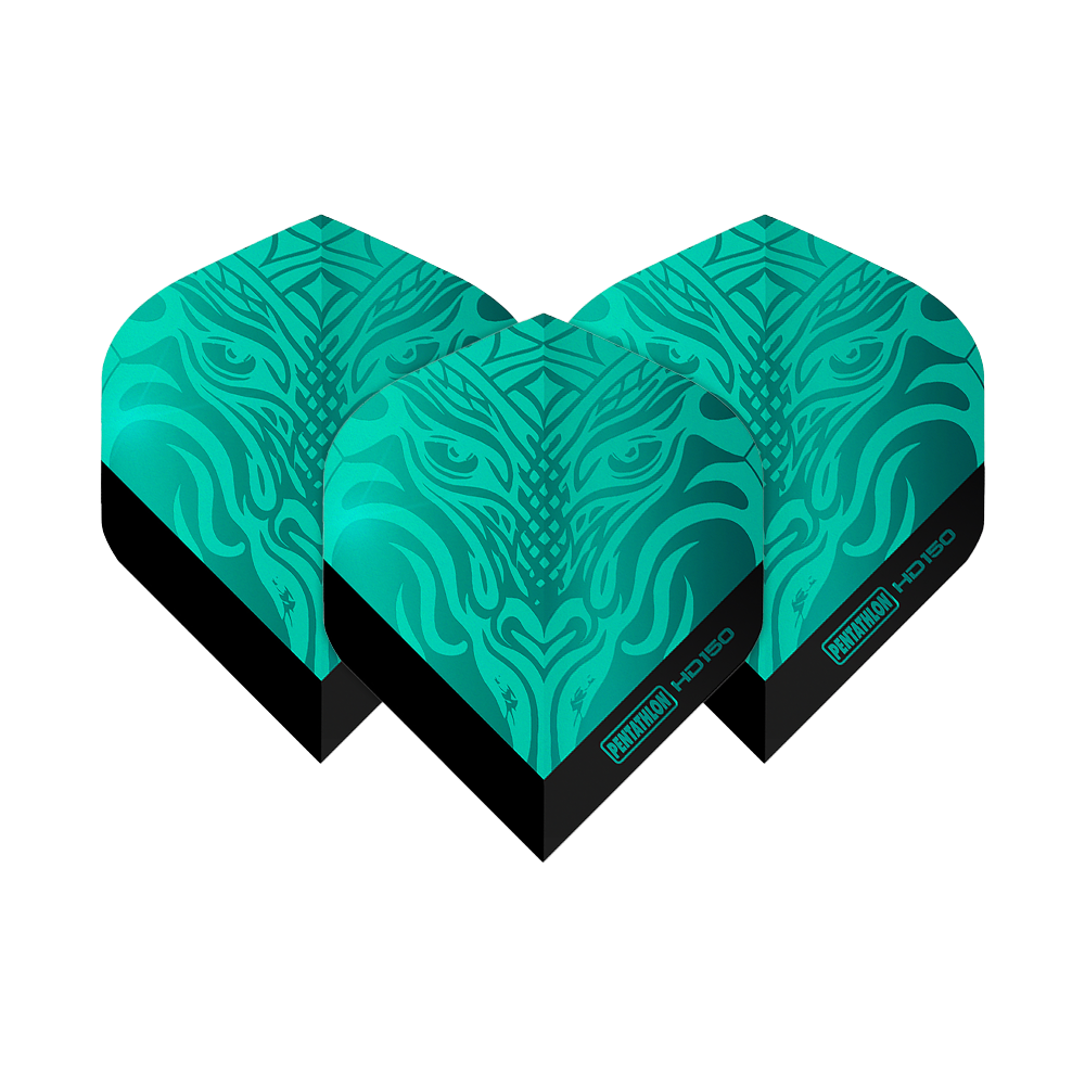 Pentathlon HD150 Metallic Aqua Standardní letky Das Bild zeigt drei Dart-Flights des Produkts "Pentathlon HD150 Metallic Aqua Standard Flights". Sie sind in einer metallic-aqua Farbe mit einem auffälligen Muster gestaltet.