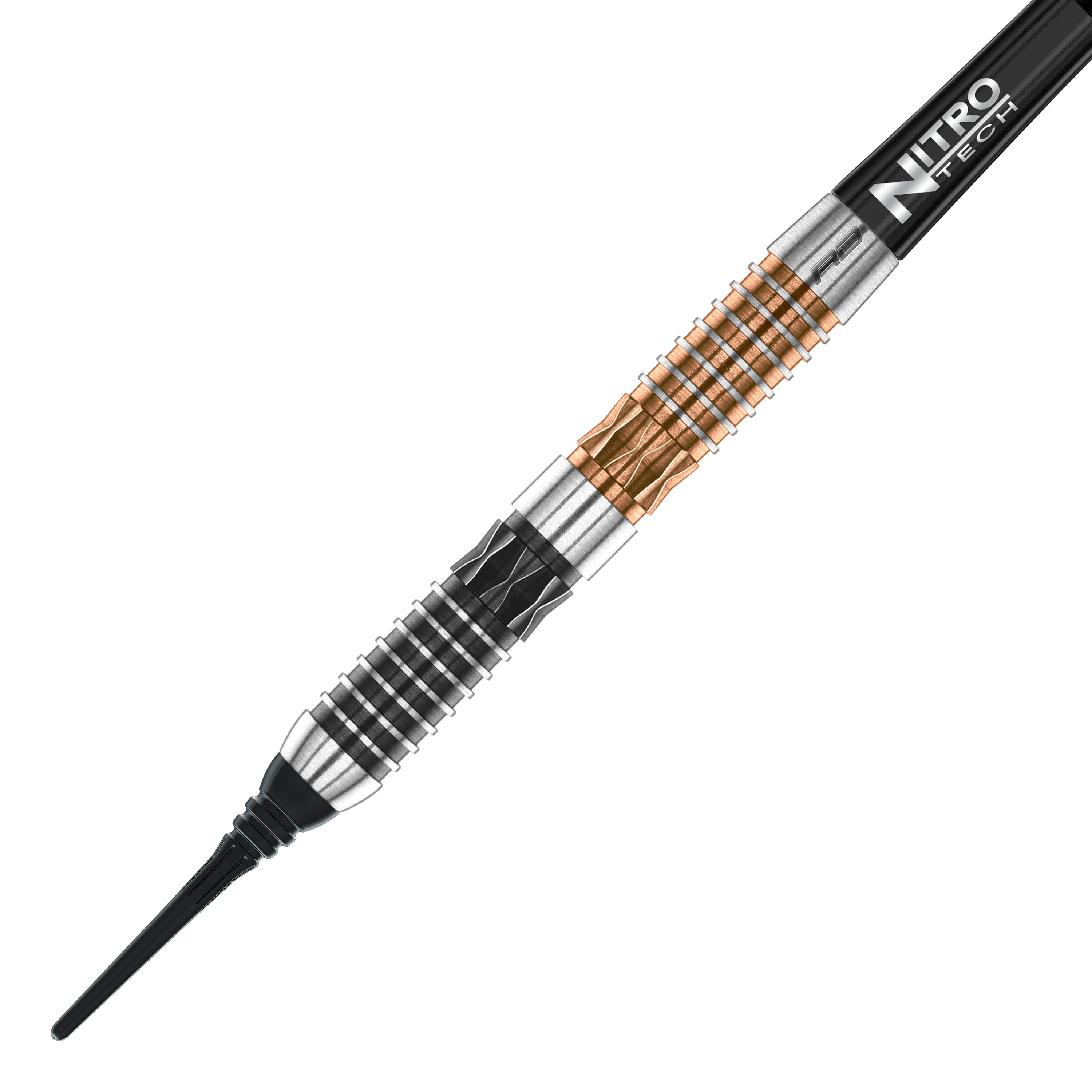 Měkké šipky Red Dragon Panterra - 20g Das Bild zeigt einen Red Dragon Panterra Softdart mit einem Gewicht von 20g. Der Dartpfeil hat ein auffälliges Design mit schwarzen, silbernen und bronzefarbenen Elementen.