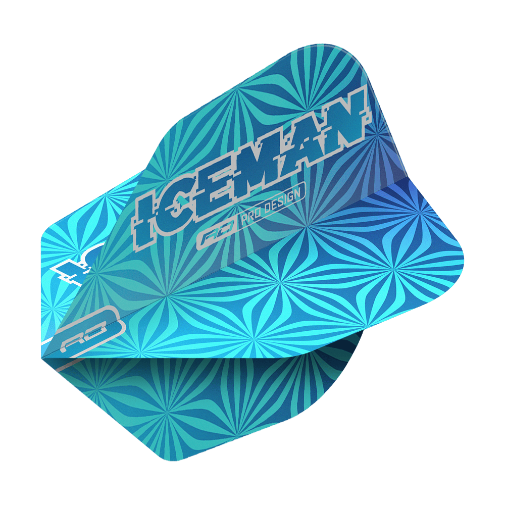 Lety Red Dragon Gerwyn Price Iceman Blue No6 Das Bild zeigt ein blaues Dart-Flight mit geometrischem Muster und der Aufschrift "ICEMAN". Es handelt sich um das Produkt "Red Dragon Gerwyn Price Iceman Blue No6 Flights".