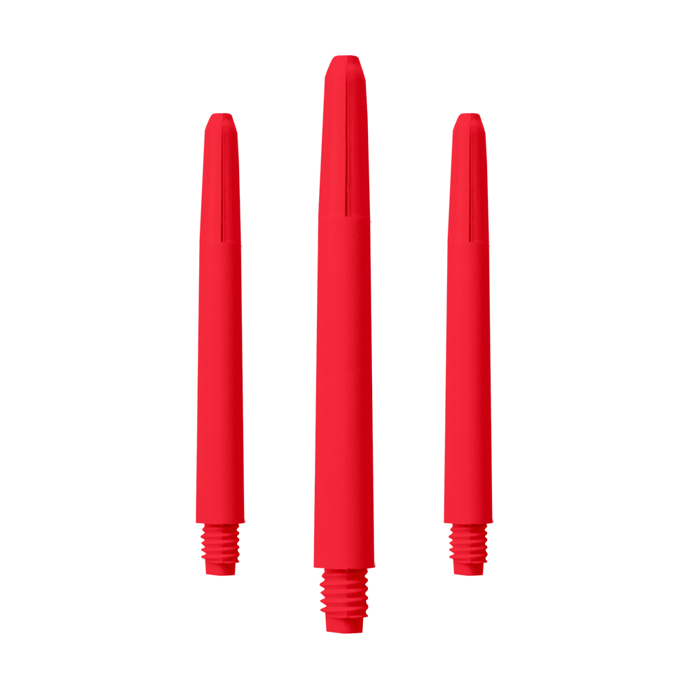 571_Nylon_Shafts_Rot_48mm_1 Das Bild zeigt drei rote Nylon-Schäfte. Sie sind in einer aufrechten Position nebeneinander angeordnet.
