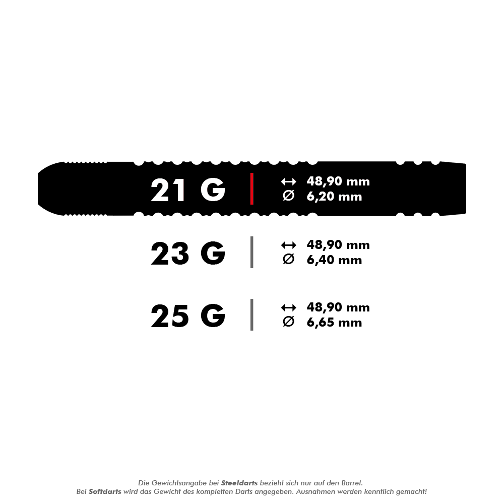 190224-_Target_Dimitri_Van_Den_Bergh_GEN2_Swiss_Point_Steeldarts_5_21g Das Bild zeigt die technischen Daten von Steeldarts in den Gewichten 21 g, 23 g und 25 g. Die Darts sind jeweils 48,90 mm lang und haben je nach Gewicht unterschiedliche Durchmesser: 6,20 mm, 6,40 mm und 6,65 mm.