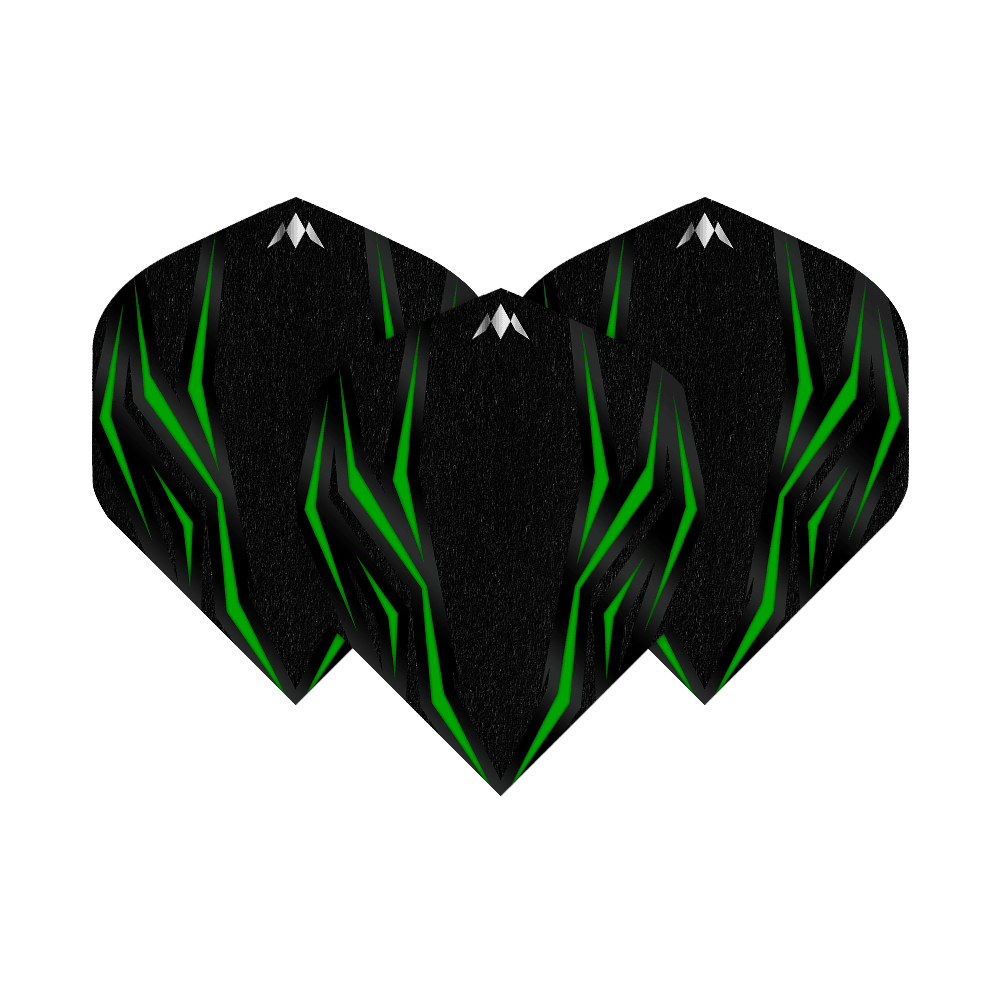 Standardní lety Mission Lava Green č. 2 Das Bild zeigt die Mission Lava Green No2 Standard Flights. Die Flights sind schwarz mit grünen, leuchtenden Linien und einem kleinen weißen Logo oben.