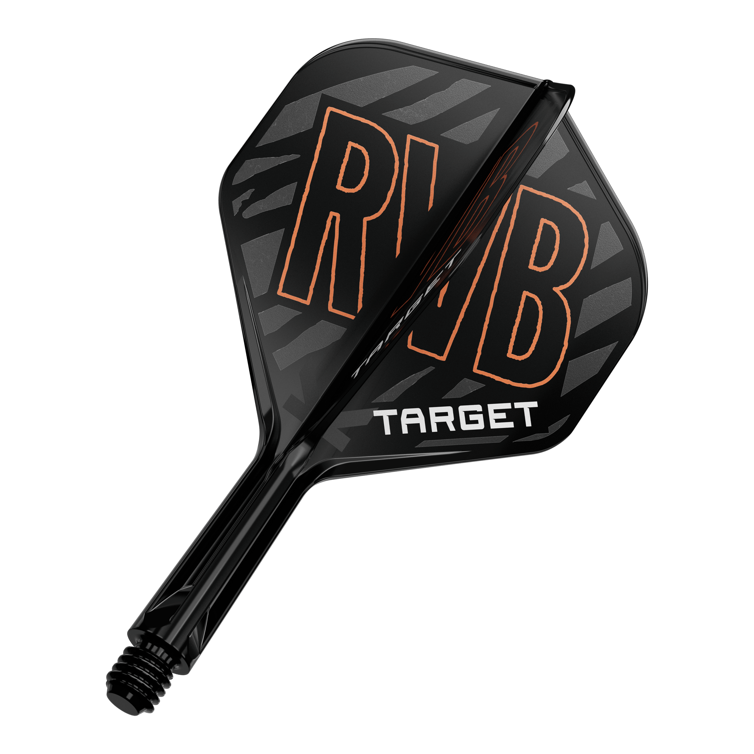 Targetový K-Flex Standardní letový hřídel Raymond Van Barneveld No2 Das Bild zeigt einen schwarzen Dartflight mit der Aufschrift "RVB" in orange. Darunter steht das Wort "TARGET" in weißen Buchstaben.