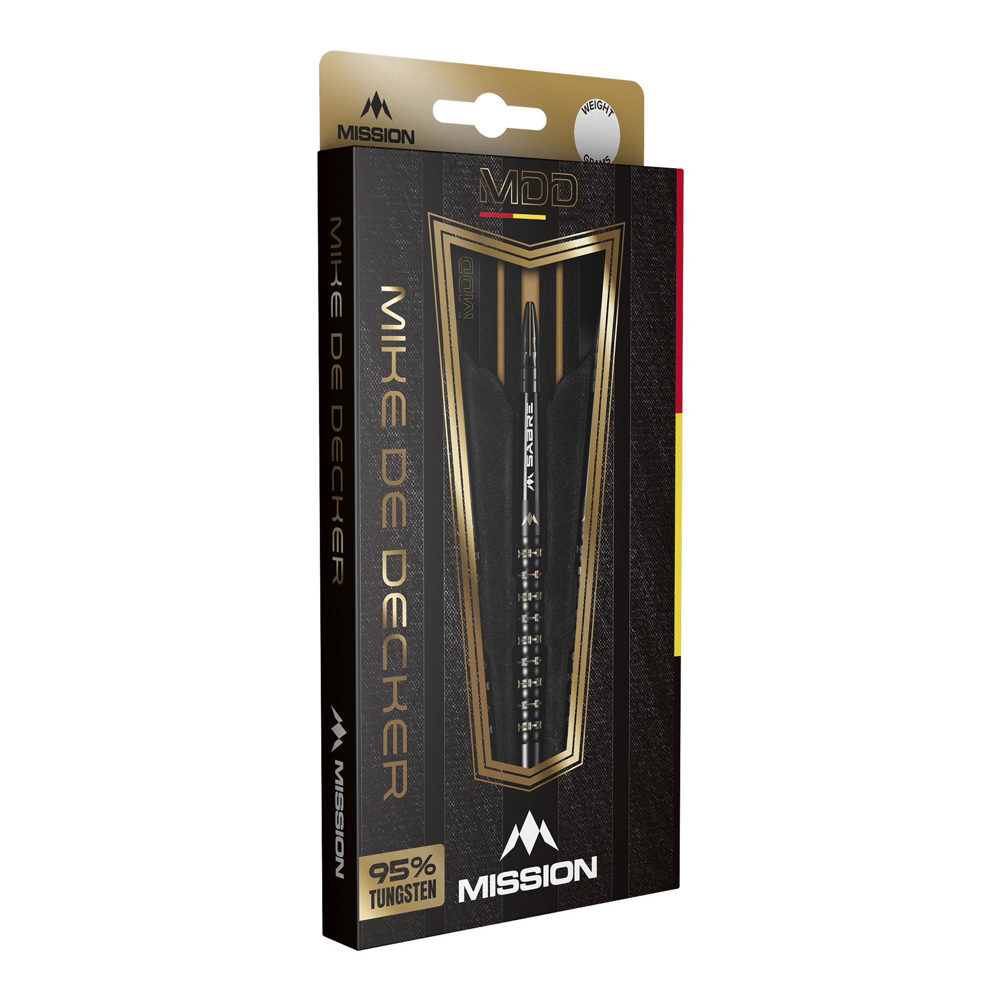 Die Abbildung zeigt die Verpackung der "Mission Mike De Decker MDD Black Gold Softdarts - 20g". Die elegante Box hebt das Design der Darts sowie den hohen Tungsten-Anteil von 95 % hervor.