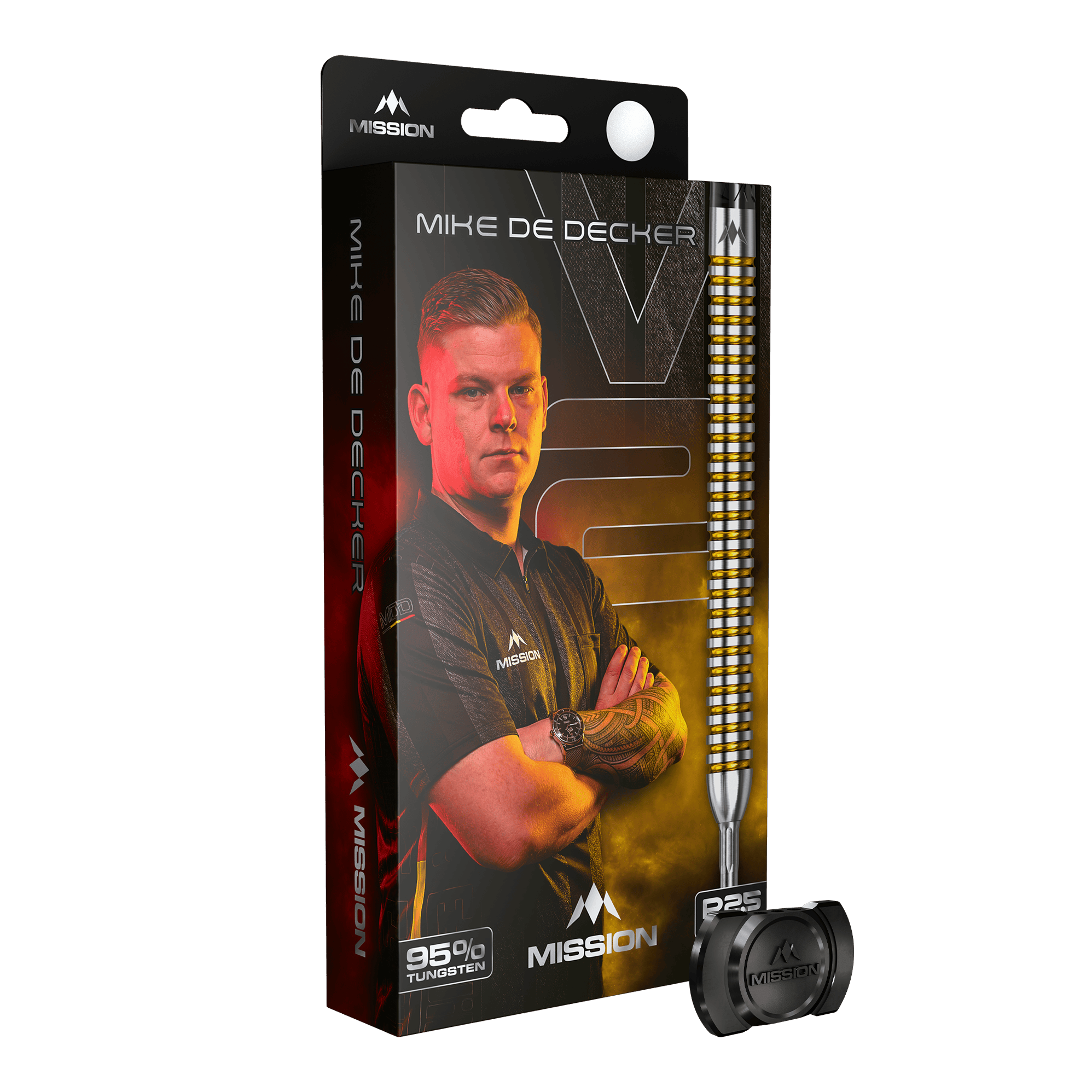 Zu sehen sind die Mission Mike De Decker V2 R2.5 Steeldarts. Die Darts sind für präzises Werfen beim Steeldart entwickelt.