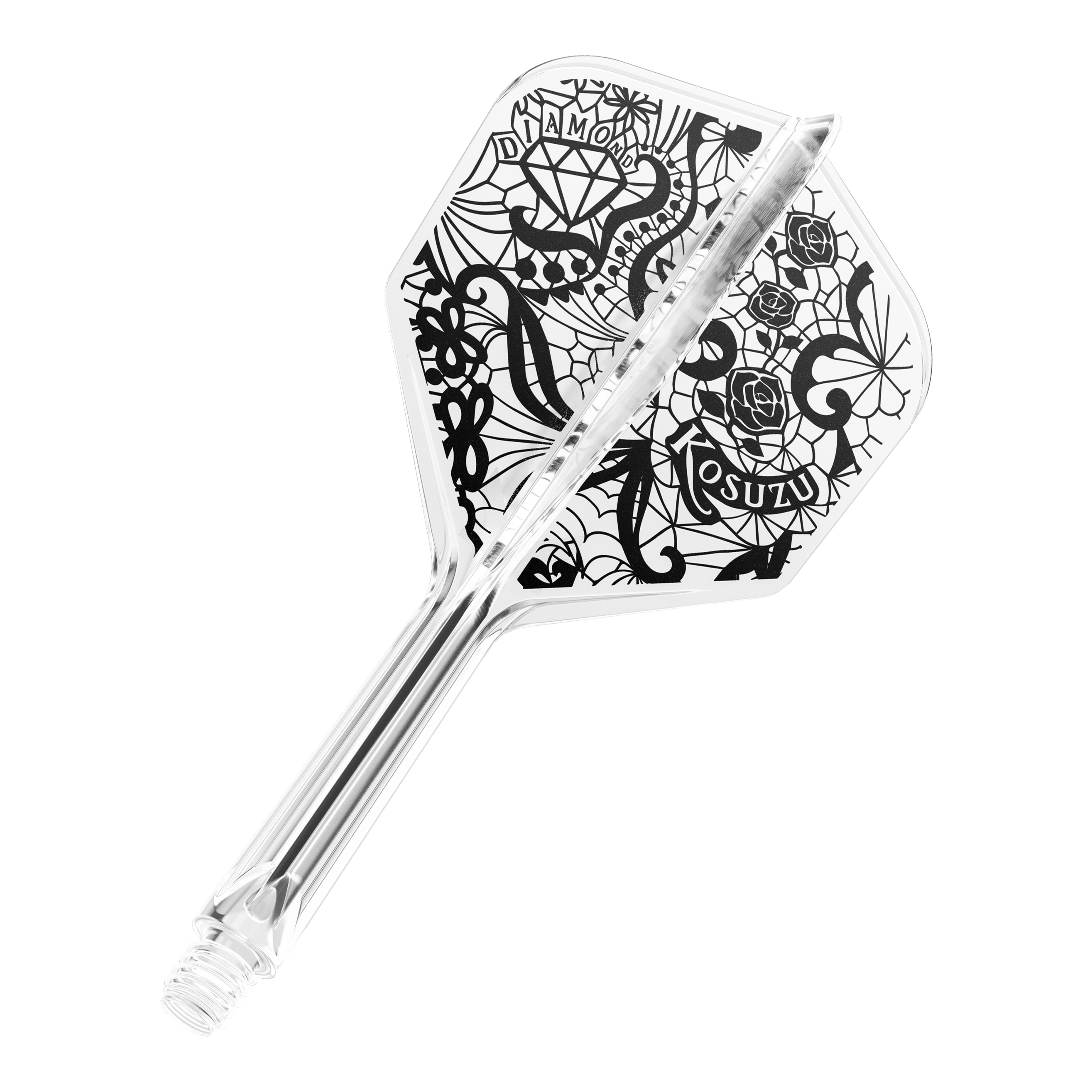 Dies ist ein transparenter Dartpfeil mit schwarzem, detailreichem Design auf der Flight-Fläche. Auf dem Flight sind unter anderem ein Diamant, Rosen und Schriftzüge zu sehen.