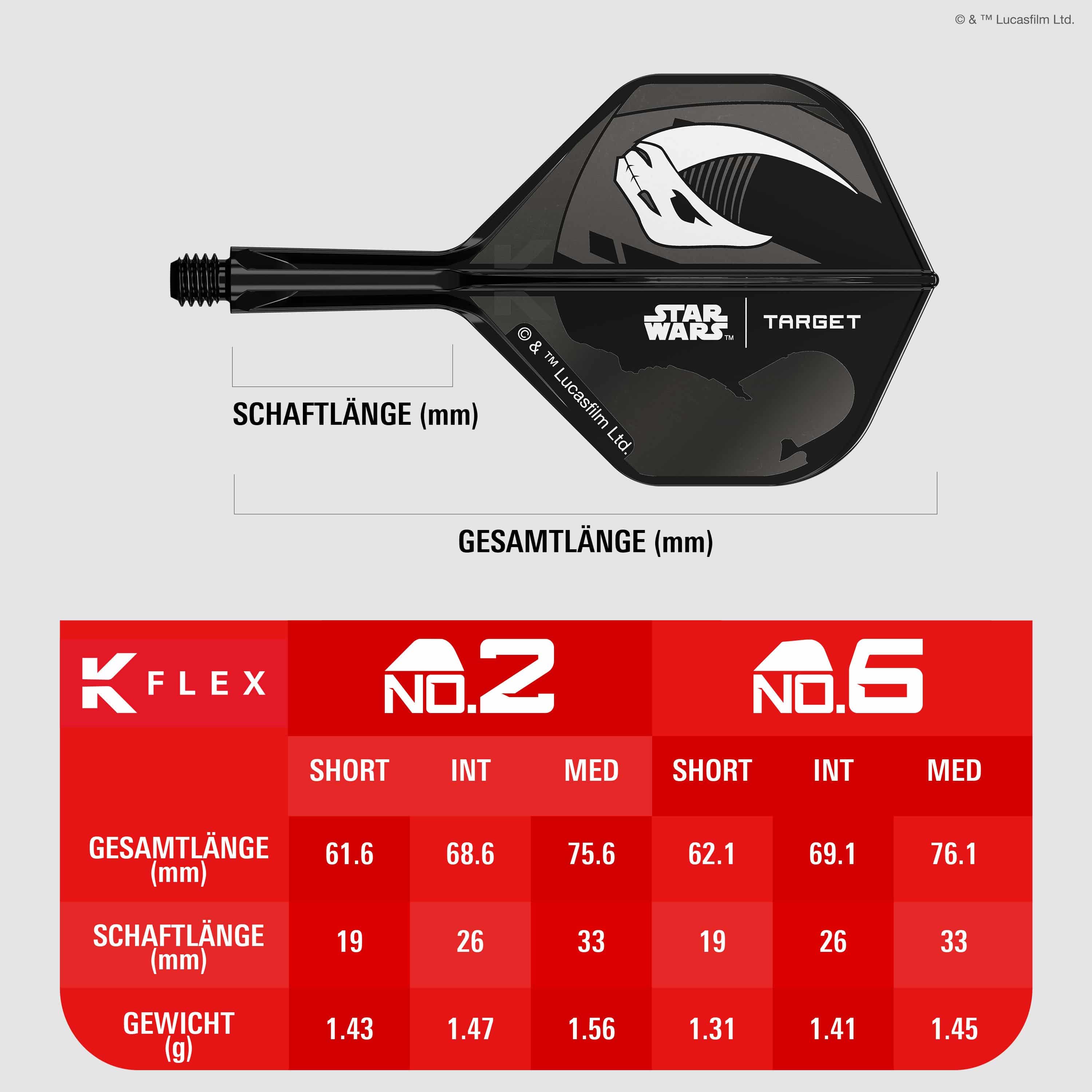 Target Star Wars K-Flex Set Mandalorian No6 Flights Abgebildet ist das Target Star Wars K-Flex-Set Mandalorian No2 Standard Flights. Die Flights zeigen ein Design im Stil von Mandalorian aus Star Wars.