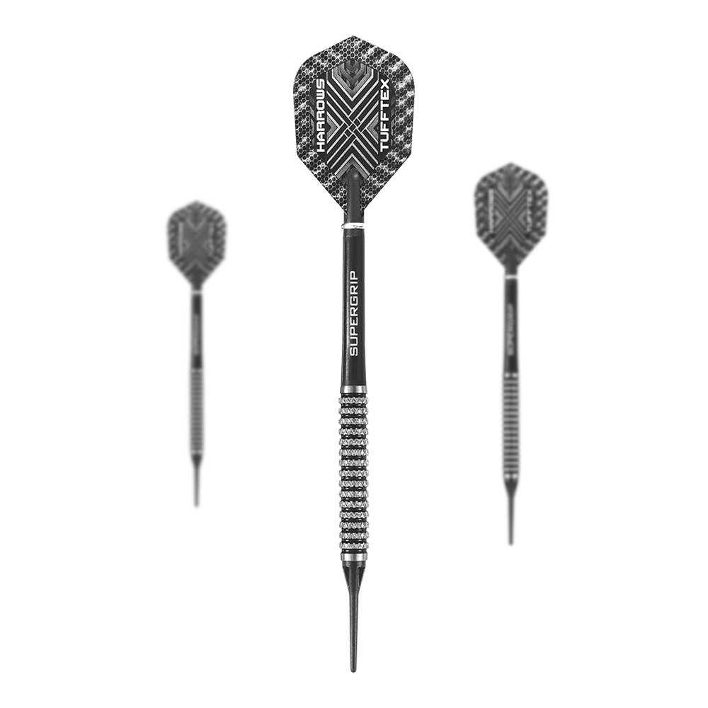 Harrows Nemesis Softdarts Das Bild zeigt drei Harrows Nemesis Softdarts mit schwarzem und silbernem Design. Die Darts haben strukturierte Griffe und auffällige Flights mit dem Schriftzug "Harrows TUFFTEX".
