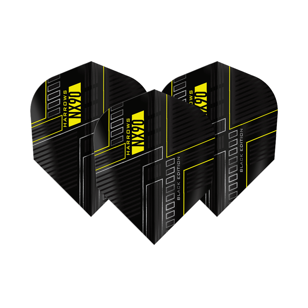 Alette Harrows NX90 Black Edition No6 Das Bild zeigt drei schwarze Dart-Flights mit dem Namen "Harrows NX90 Black-Edition No6". Die Flights haben ein modernes Design mit gelben Linien und Schriftzügen.