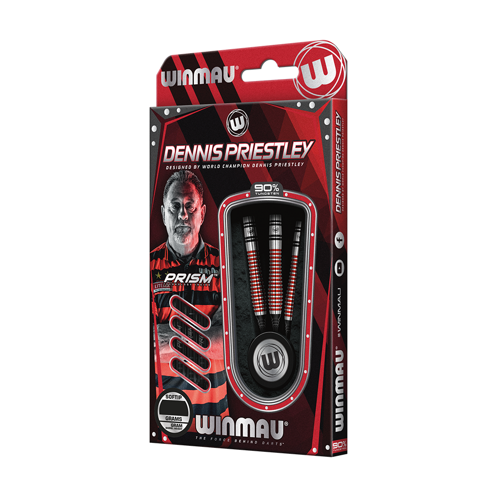 2452_Winmau_Dennis_Priestley_Special_Edition_Softdarts_3 Die Abbildung zeigt die Winmau Dennis Priestley Special Edition Softdarts mit einem Gewicht von 22 Gramm. Die Verpackung ist rot-schwarz gestaltet und enthält drei Darts sowie das Bild eines Spielers.