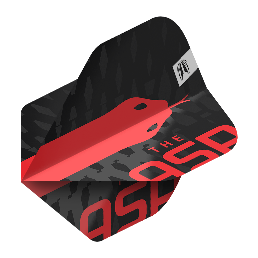 Target Pro Ultra Nathan Aspinall No2 Standard Flights - 3 sady Das Bild zeigt ein Dart-Flight mit einem schwarzen und roten Design sowie der Aufschrift „THE ASP“. Auf dem Flight ist eine stilisierte rote Schlange abgebildet.